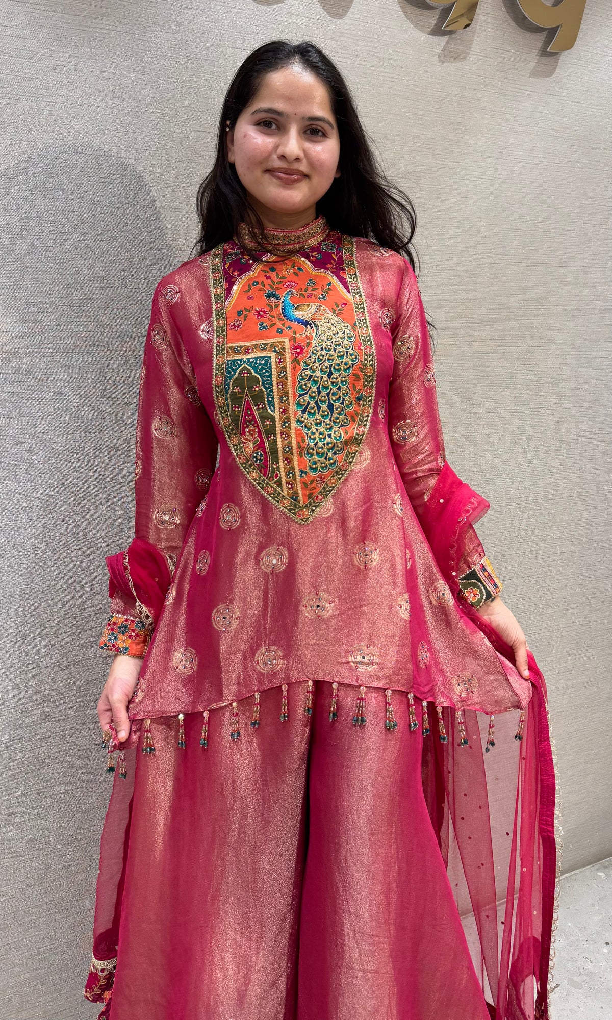 Pink Mayura Embroidered Shimmer Silk Palazzo Set
