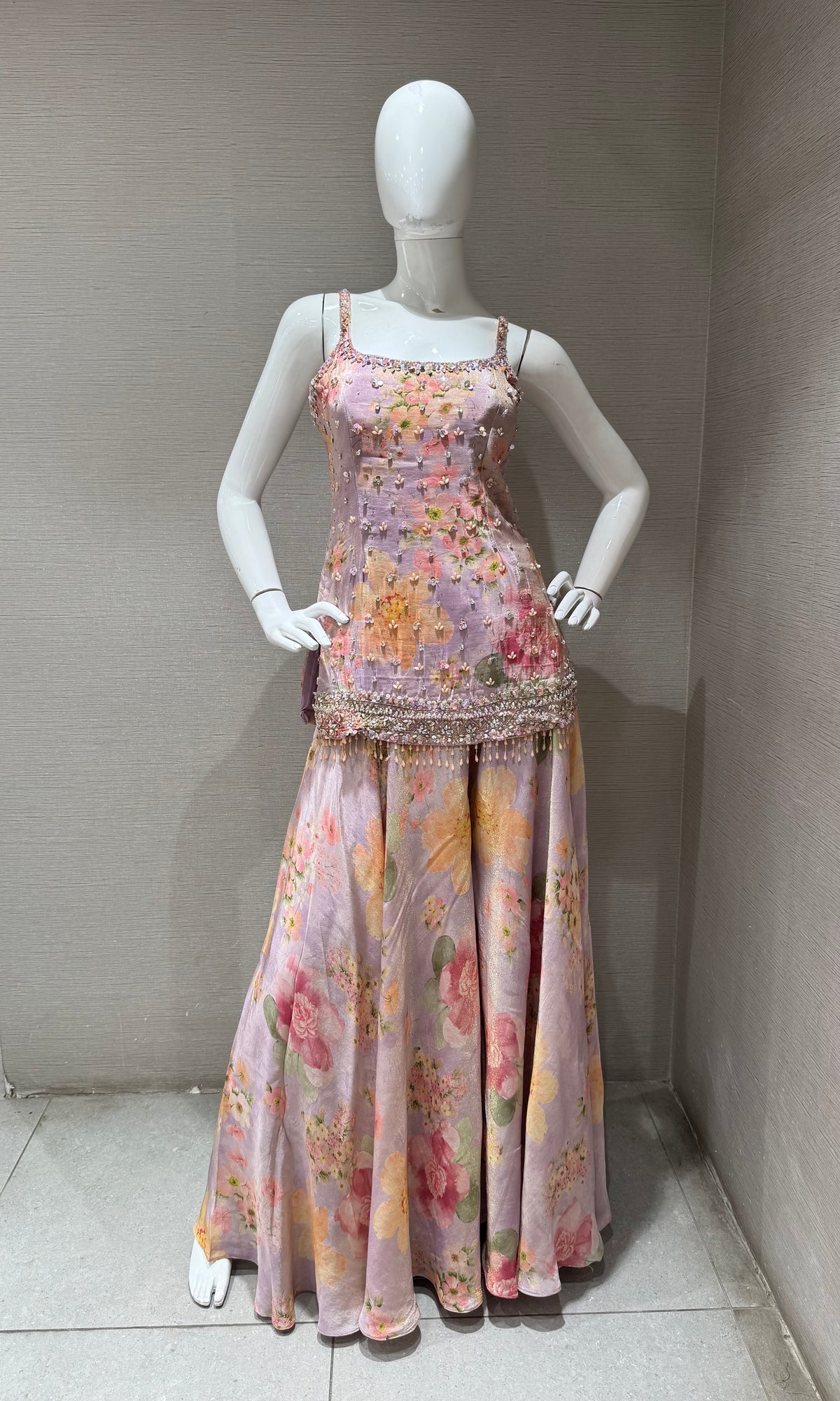 LAVANDER Silk Organza Floral Printed Peplum palazzo set