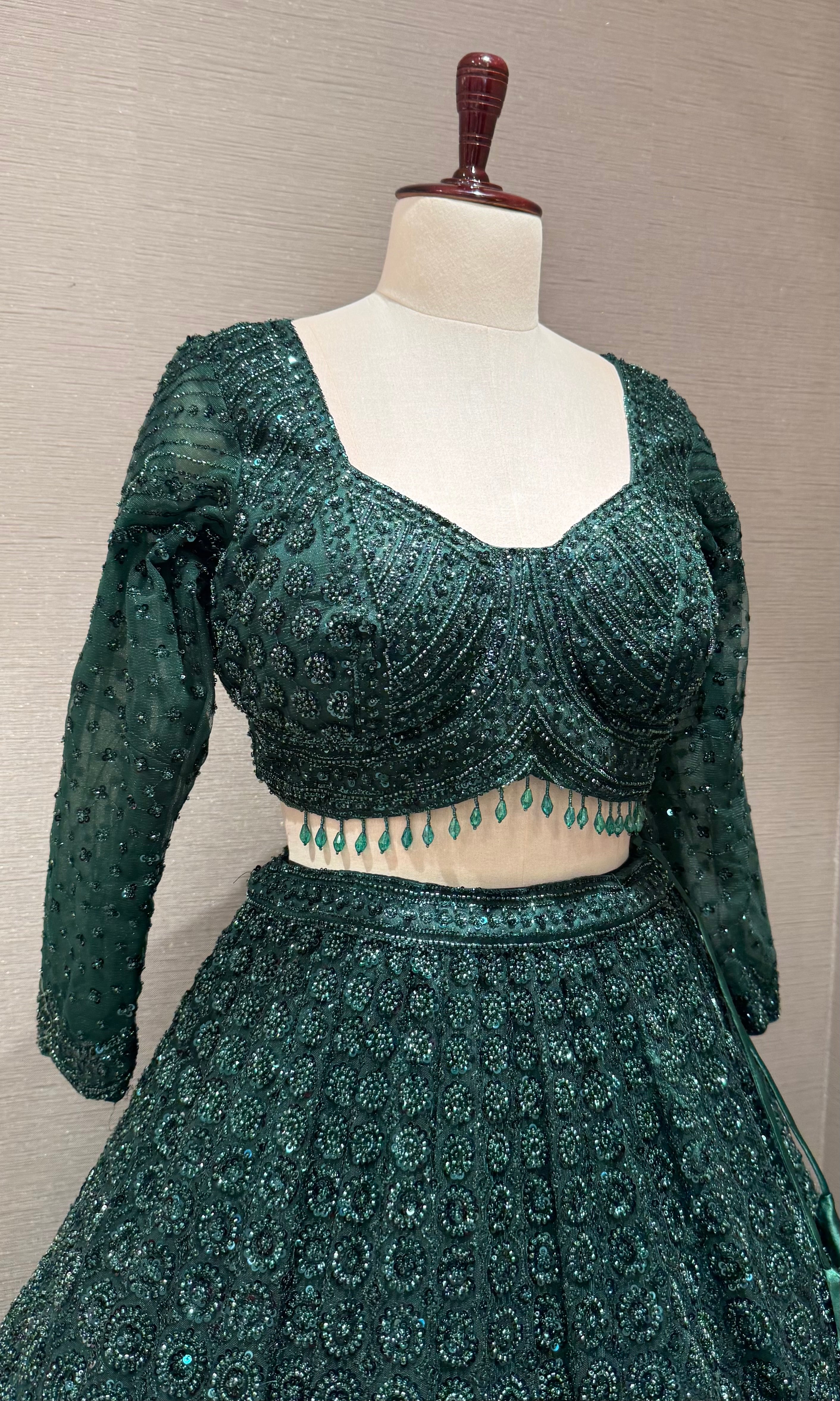 Green Sequins and Beads Heavy Embroidered Lehenga