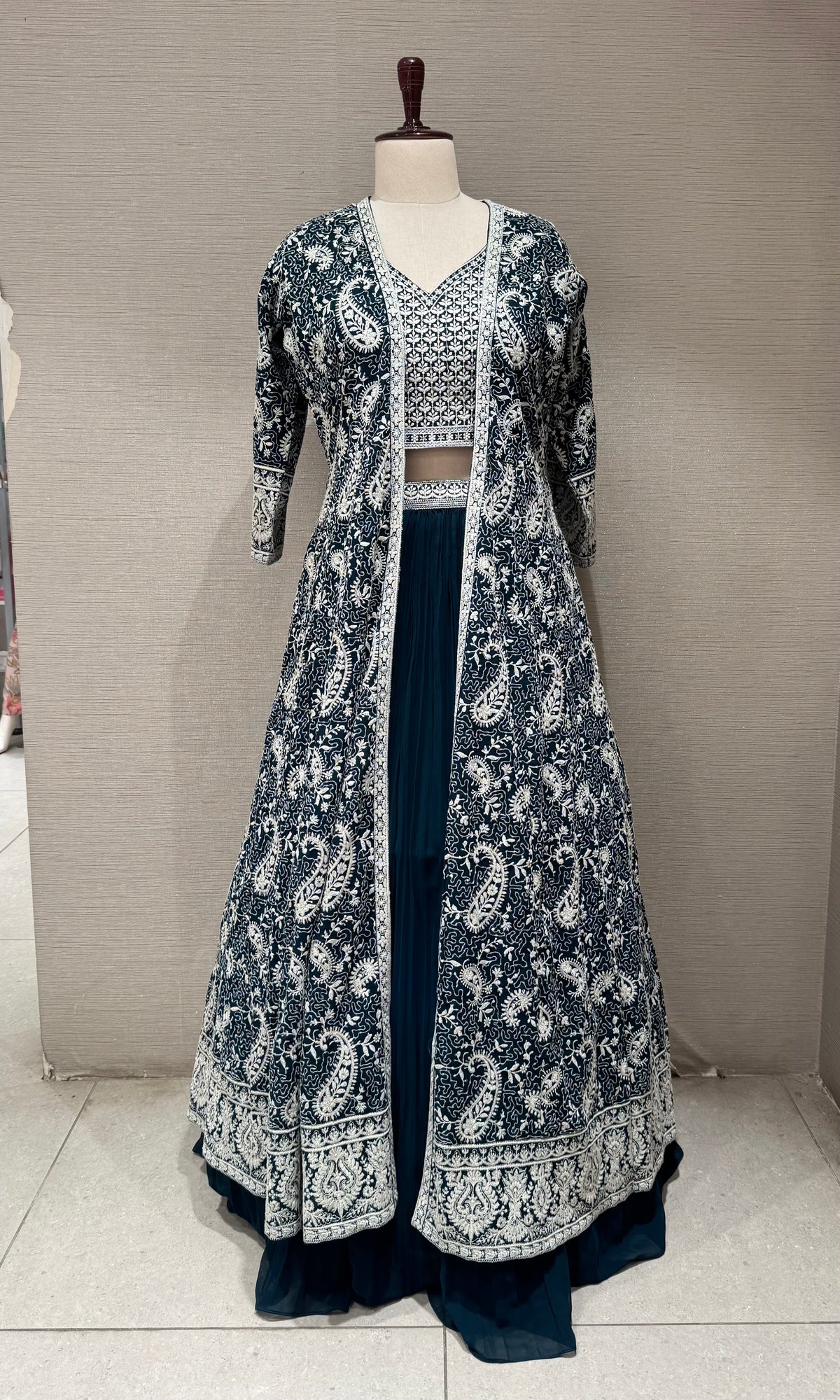 Midnight Blue Georgette Crop Top Lehenga with Jacket
