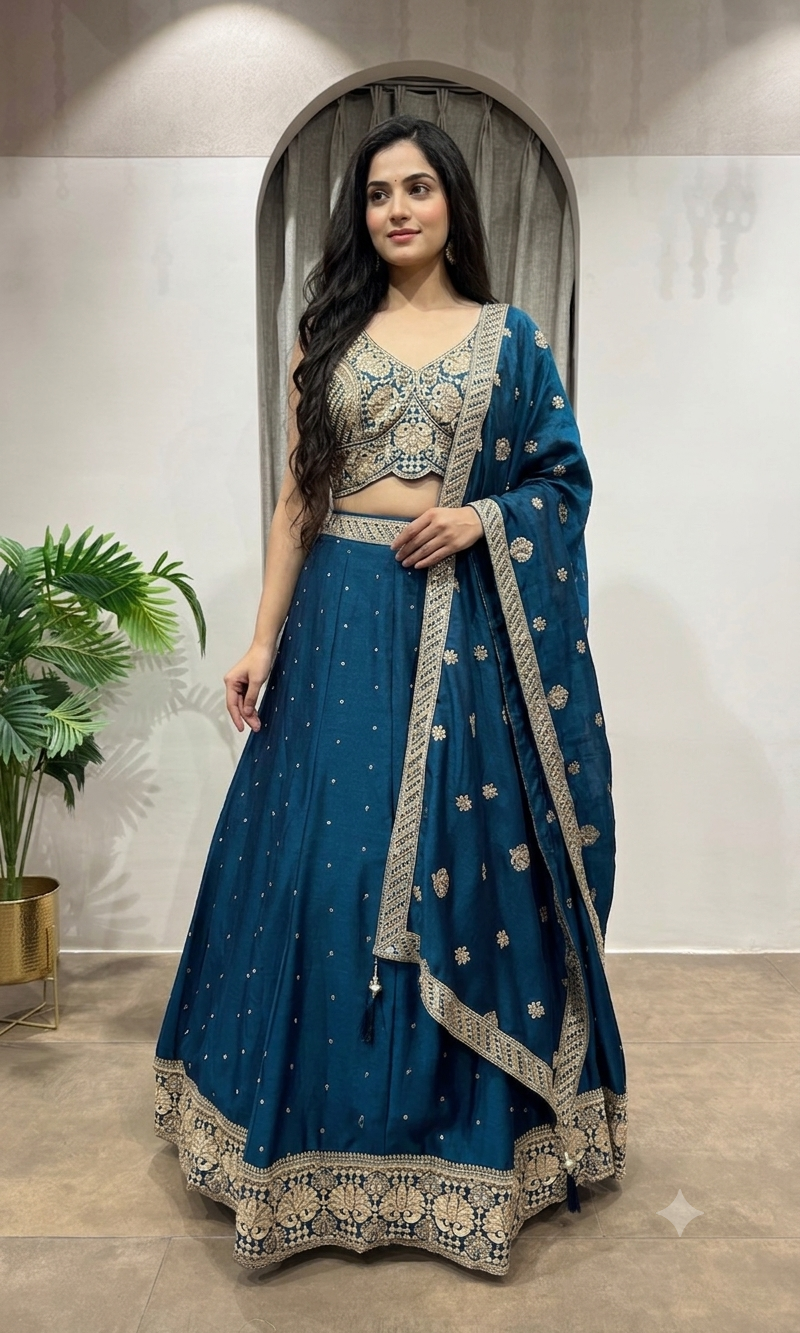 Peacock Blue Designer Lehenga set with Border