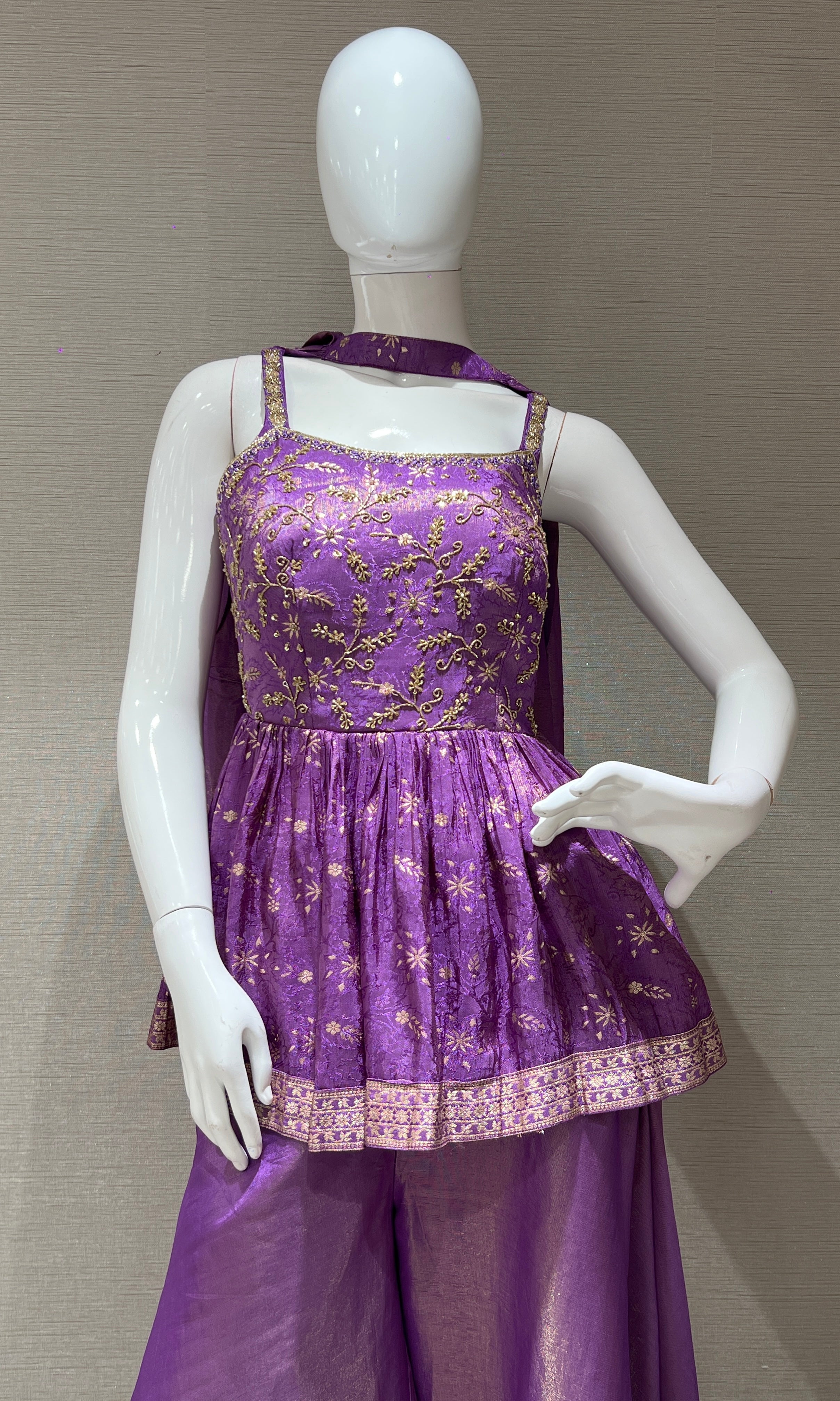 Purple shimmer tissue peplum palazzo set