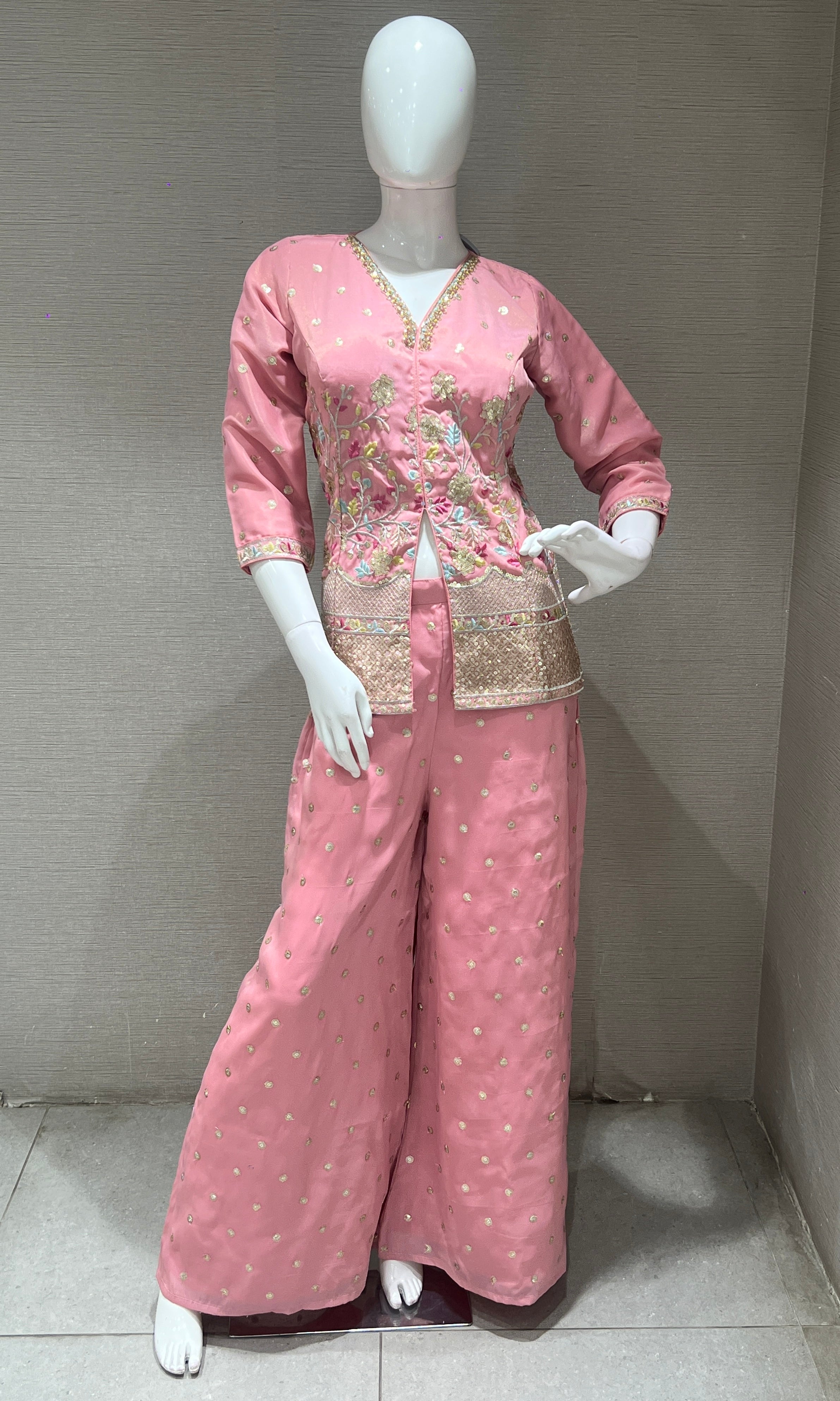 Rose Pink Floral Embroidered Palazzo set