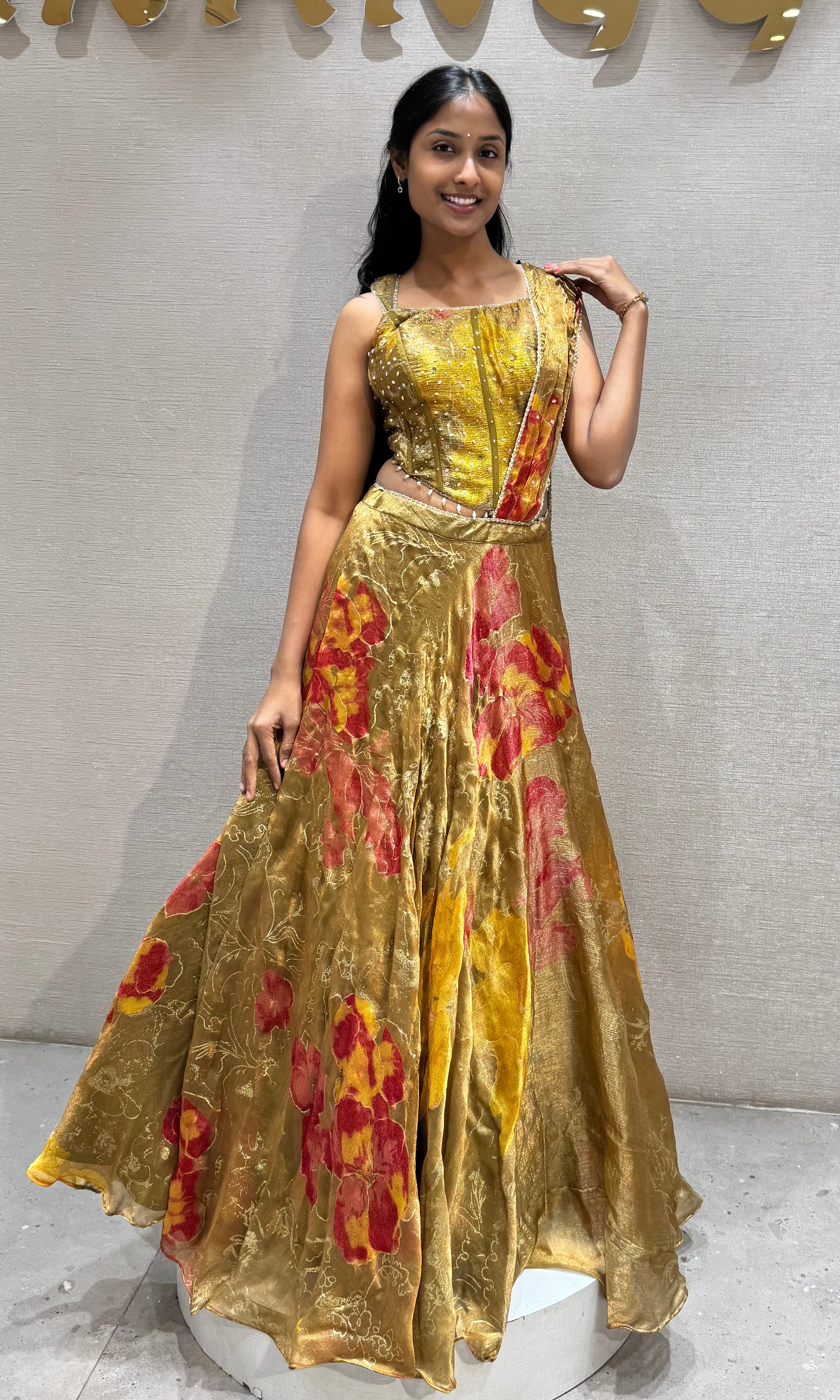Golden Green Shimmering Organza Lehenga set