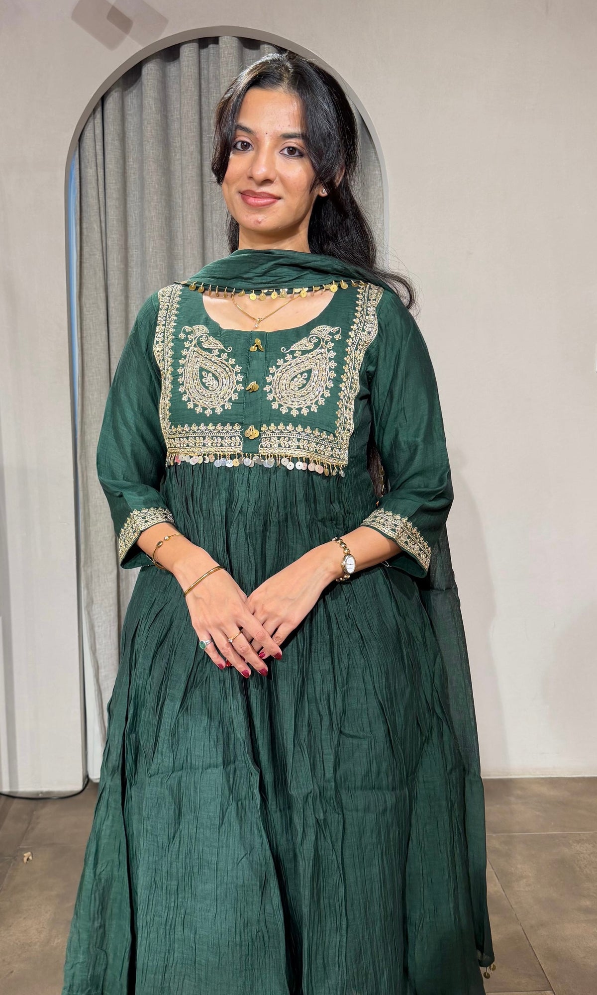 GREEN MUL CHANDERI KURTA SET WITH DUPATTA