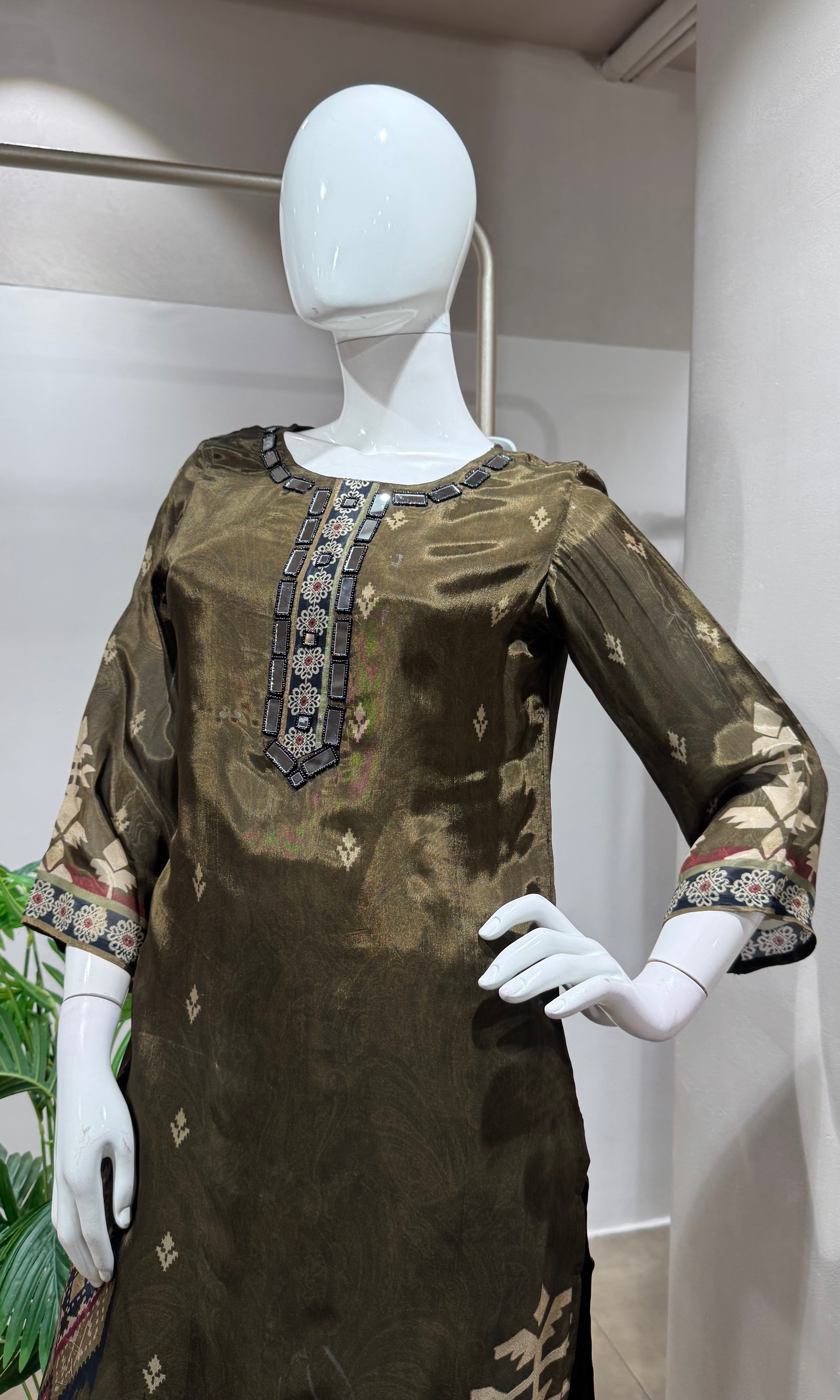 brown Embroidered Kurta Set