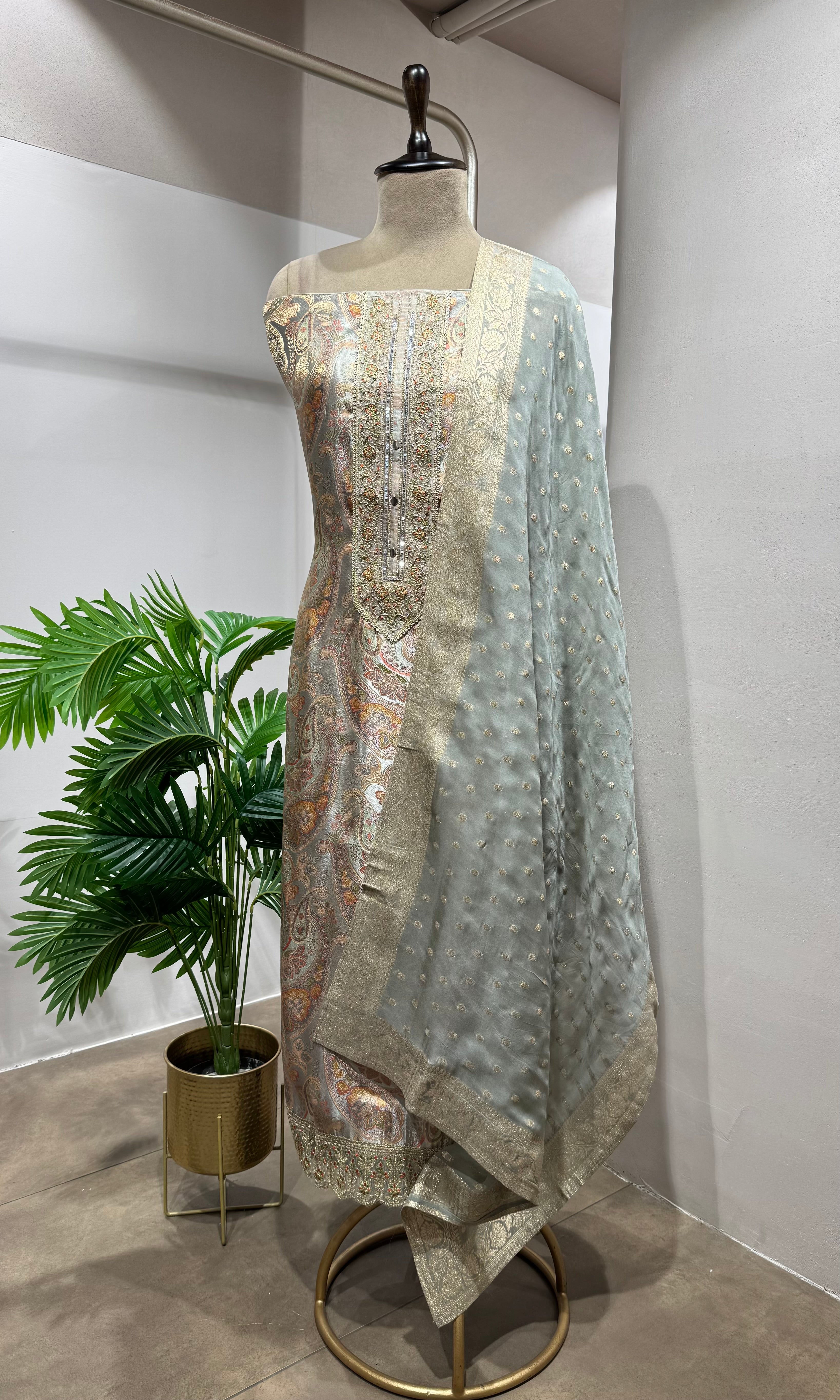 GREY BANARASI SILK DRESS MATERIAL