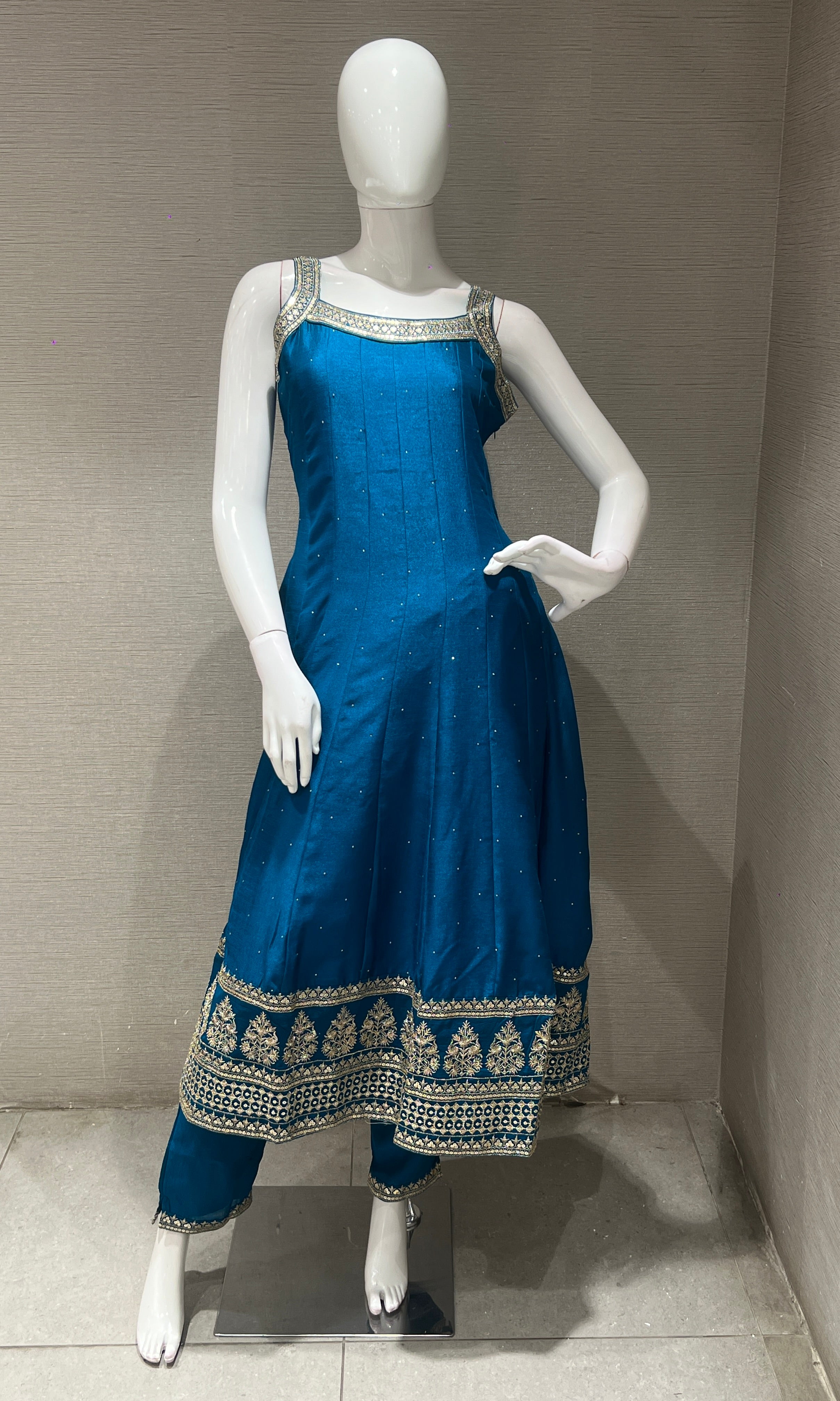 Blue anarkali set with gold embroidery