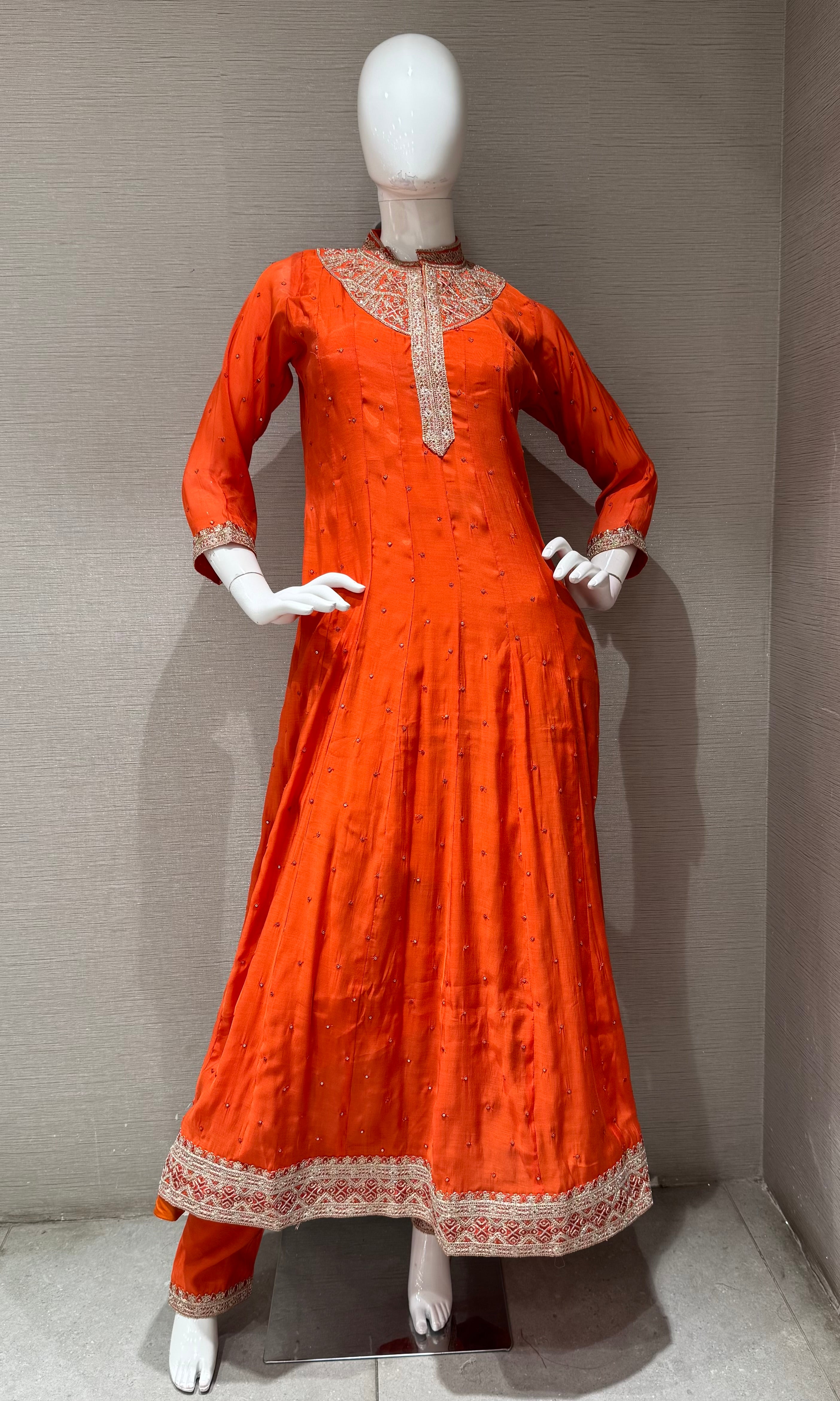 Orange Golden embroidered anarkali Set