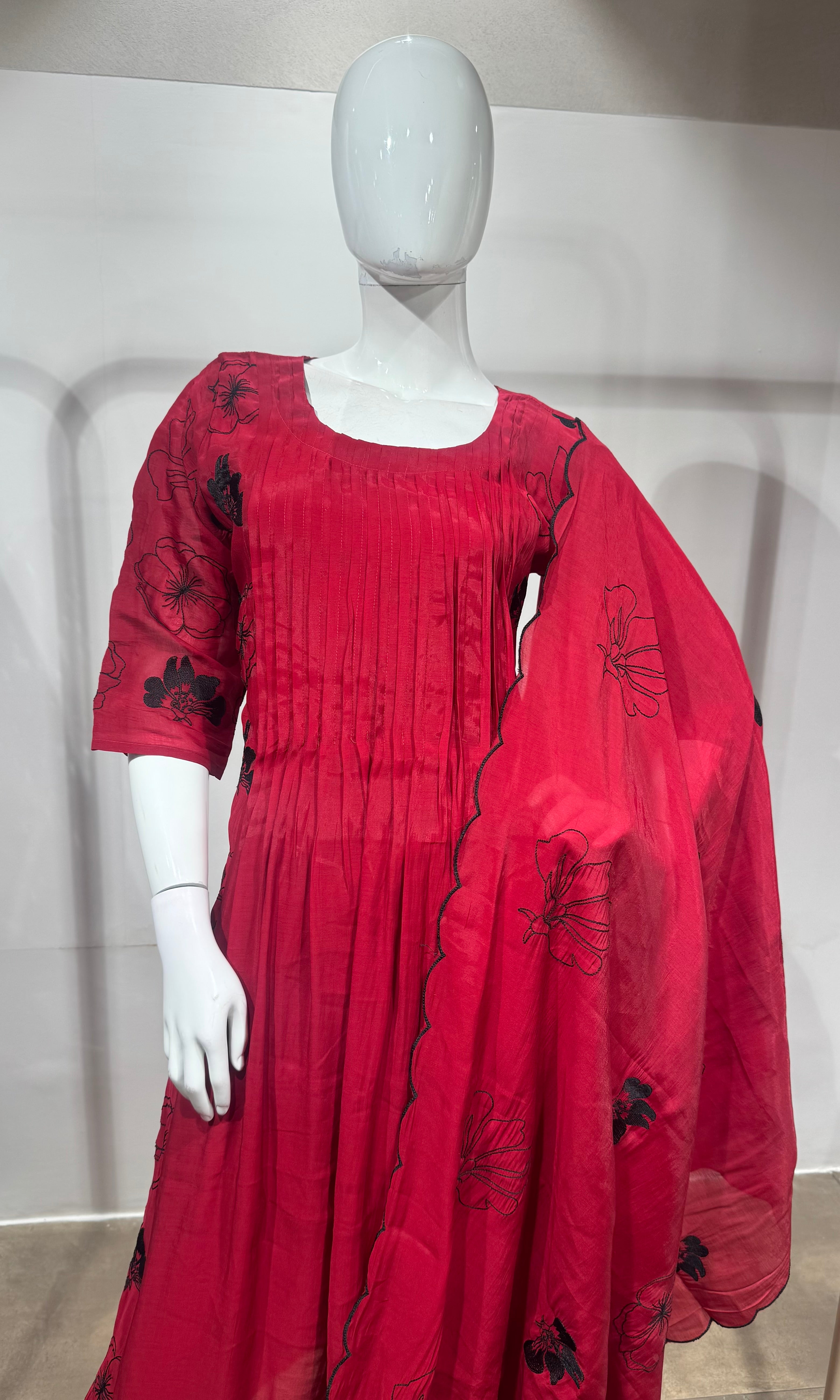 Rani Floral Mul chanderi Kurta Set with Dupatta