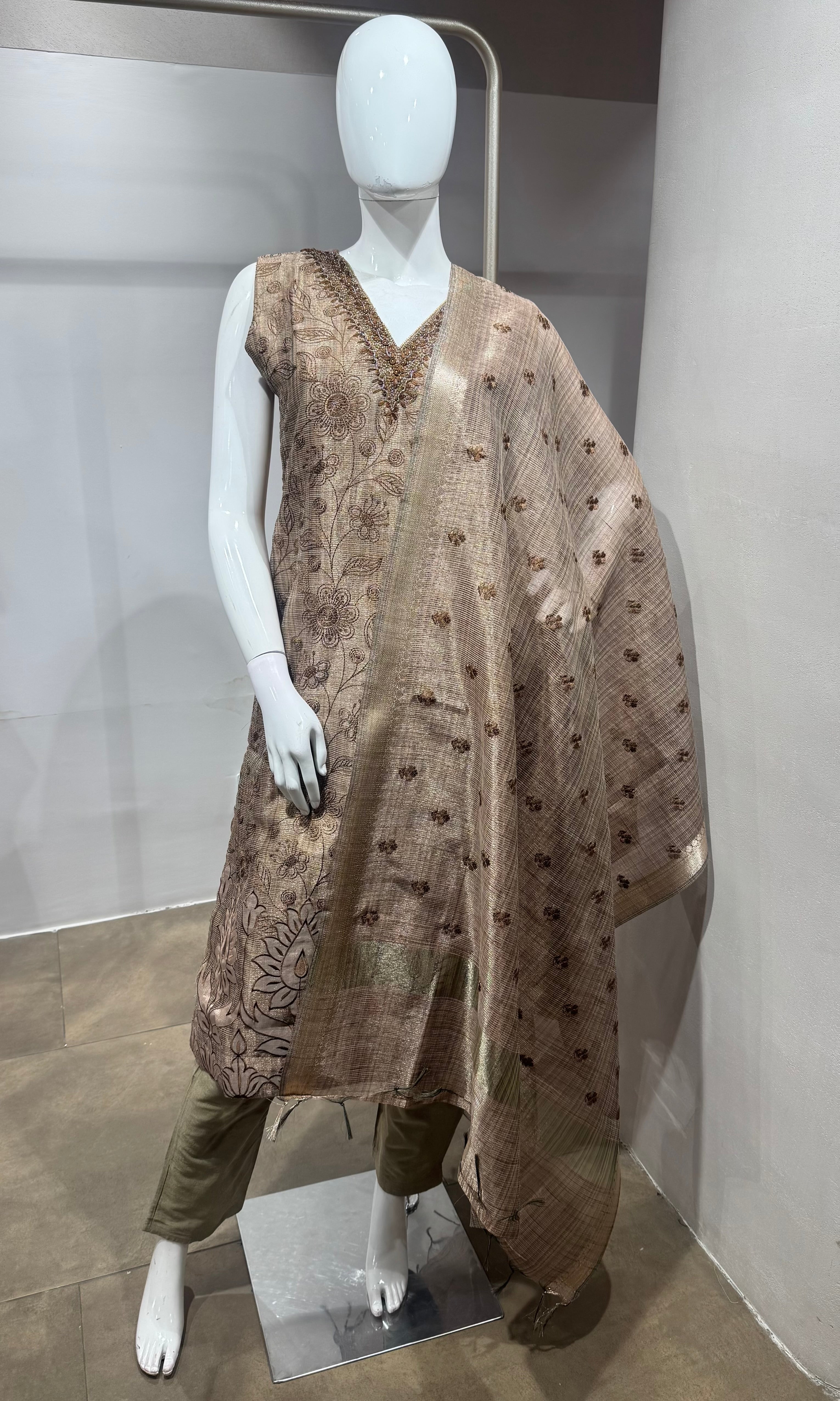 Brown Embroidered Net Salwar Kurta set