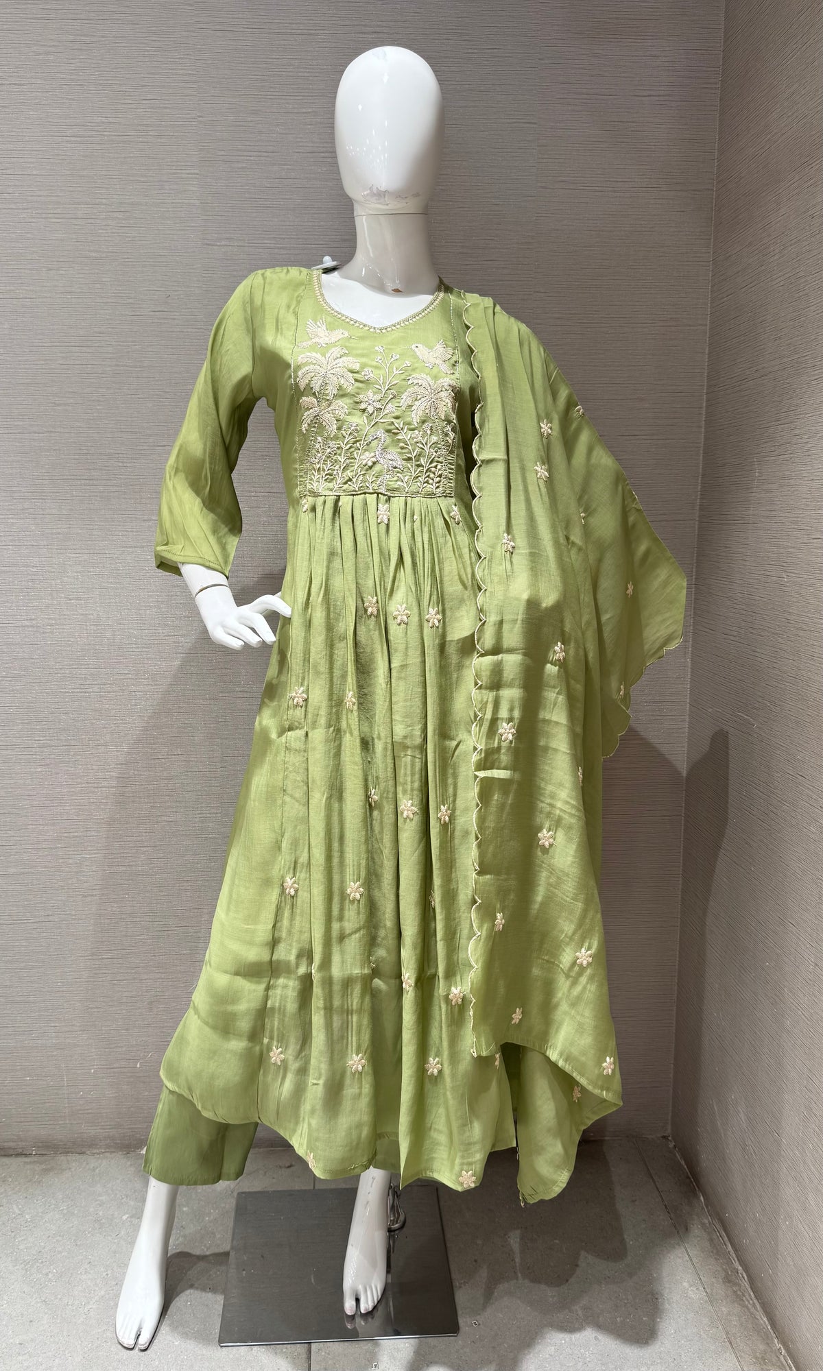 Olive Green mul chanderi Kurta Set with Dupatta