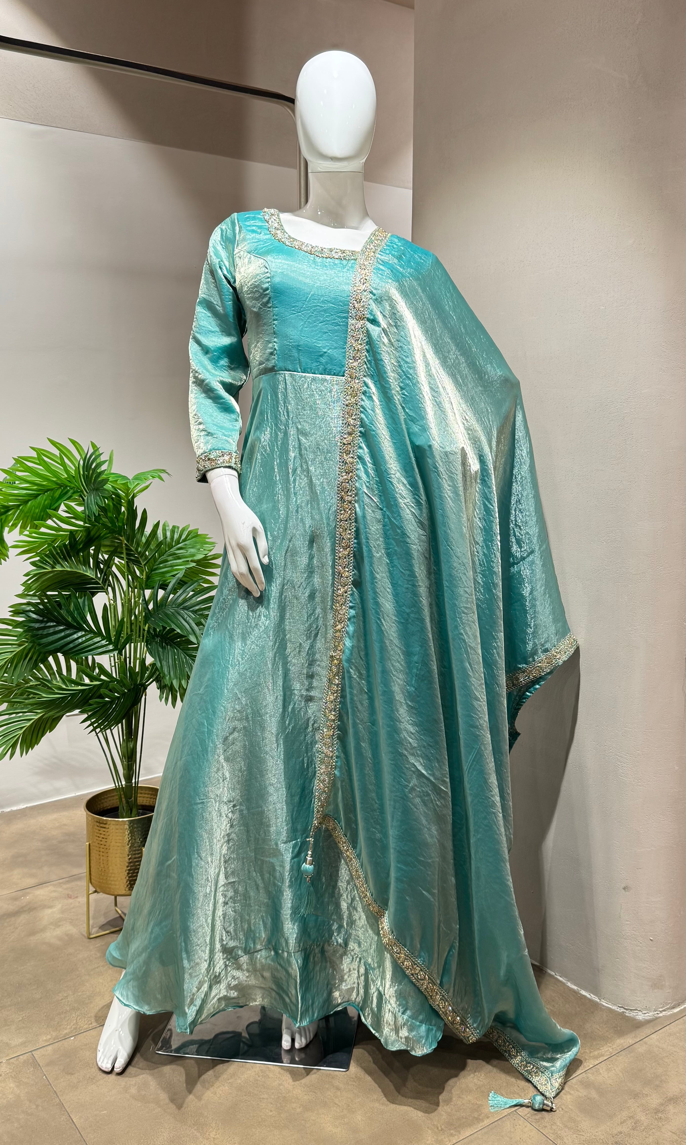 SEA GREEN TISSUE CRYSTAL WORK ANARKALI