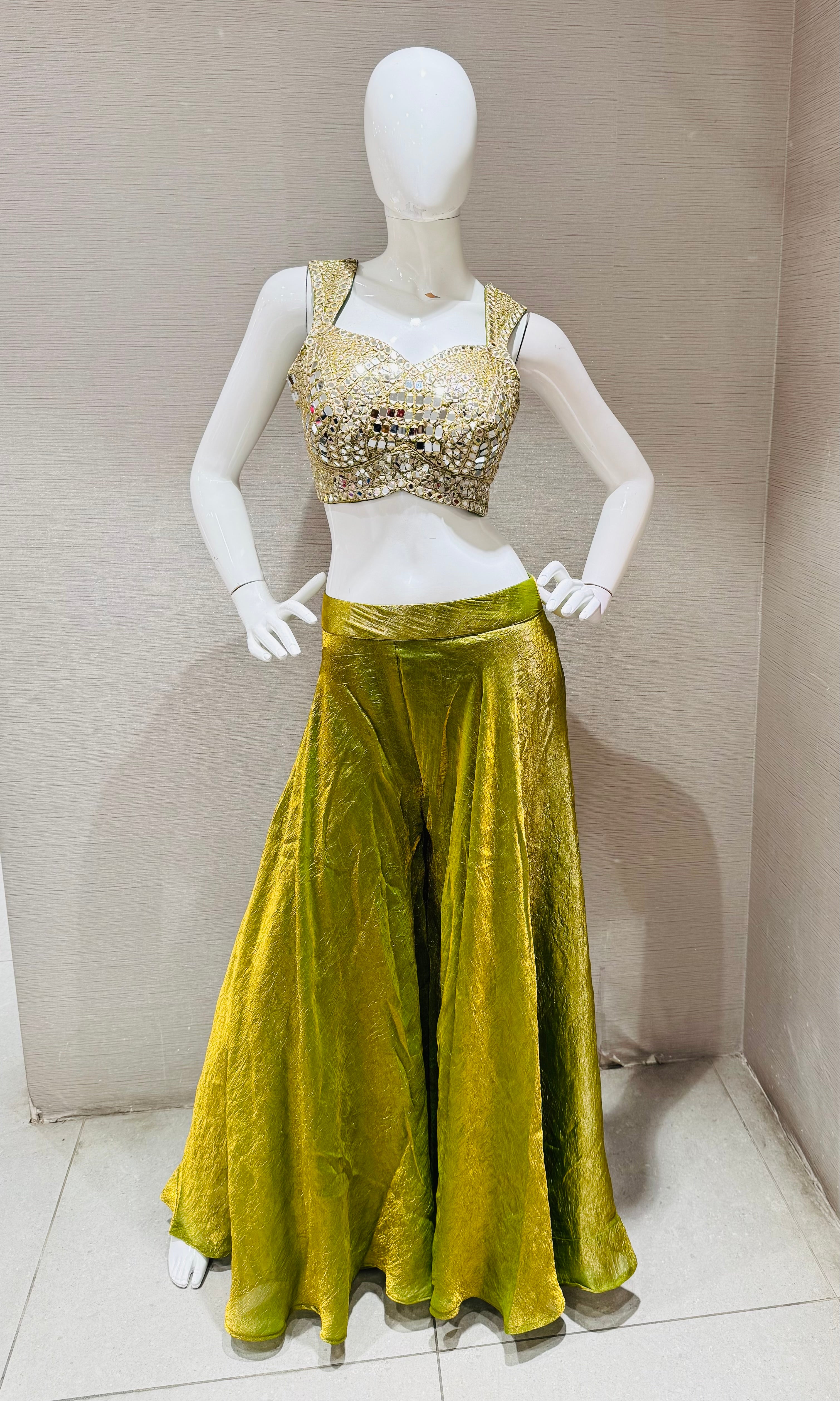 Olive Green Georgette Palazzo with Embellished Blouse