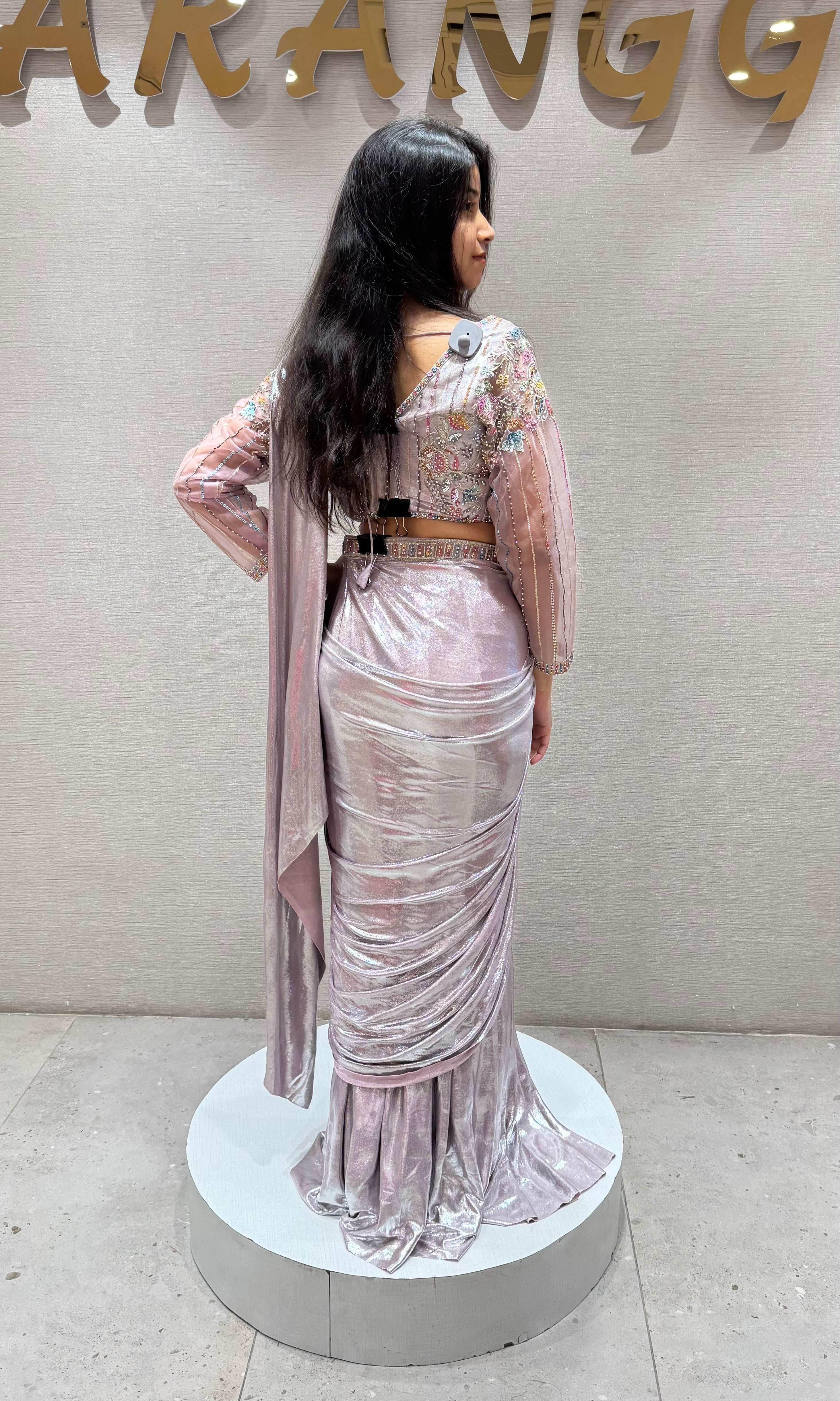 Peach Pre-Draped Metallic Shimmer Saree