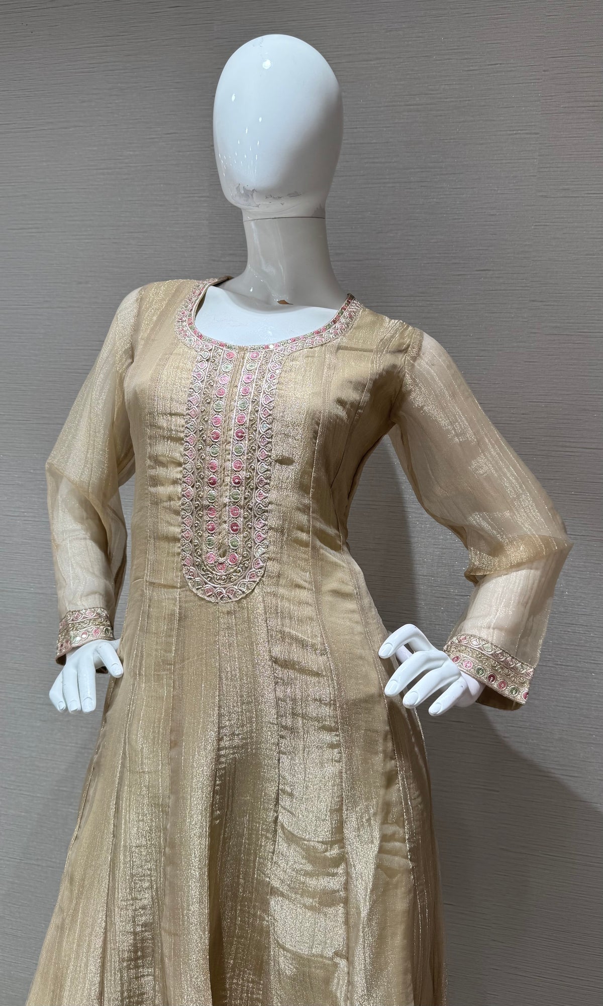 BEIGE EMBROIDERED TISSUE ANARKALI SET WITH FLORAL DUPATTA