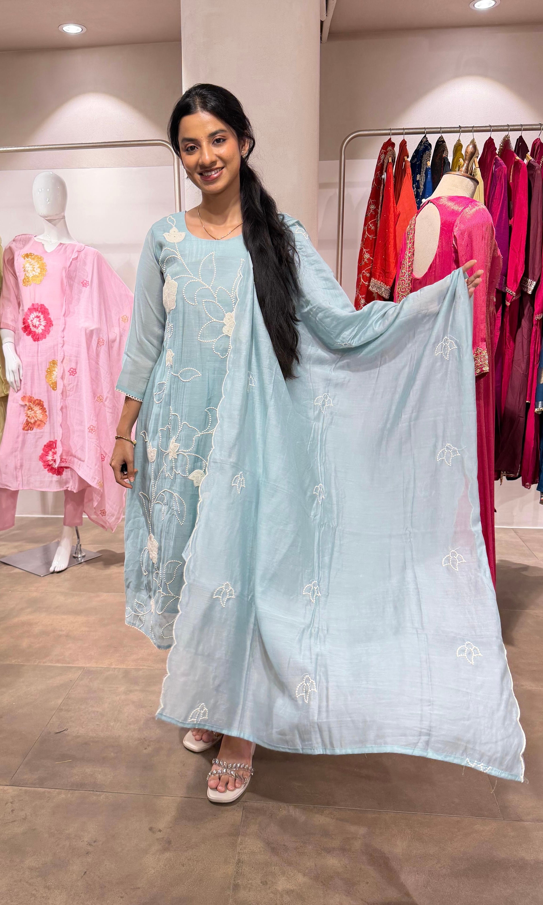 Sky Blue Embroidered Straight Kurta with Dupatta
