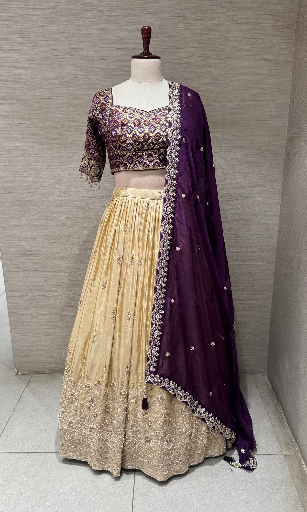 Twilight Purple And Champagne Silk Lehenga Set