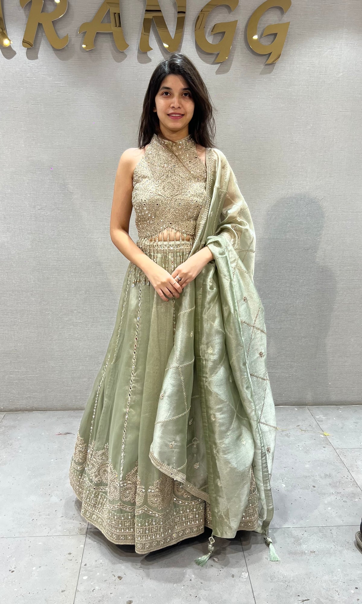 Mint Crush tissue silk Sequined Halter Lehenga set