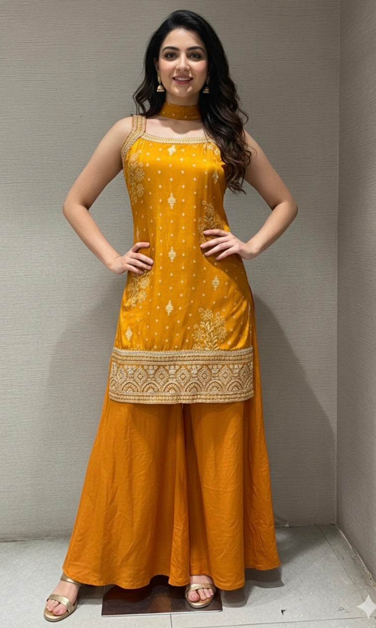 MUSTARD GOLD EMBROIDERED SHARARA SET
