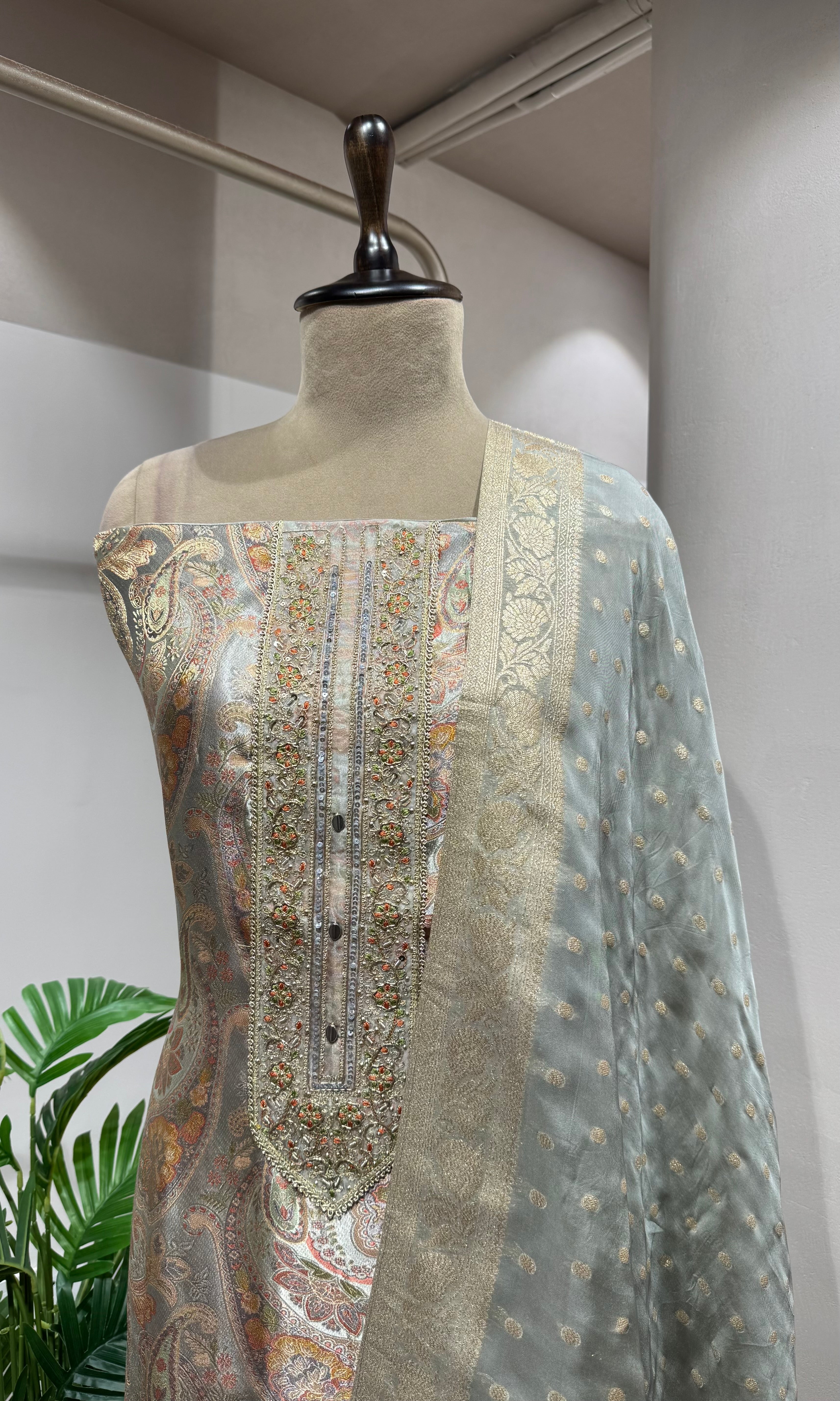 GREY BANARASI SILK DRESS MATERIAL