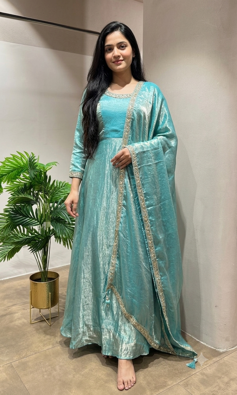 SEA GREEN TISSUE CRYSTAL WORK ANARKALI