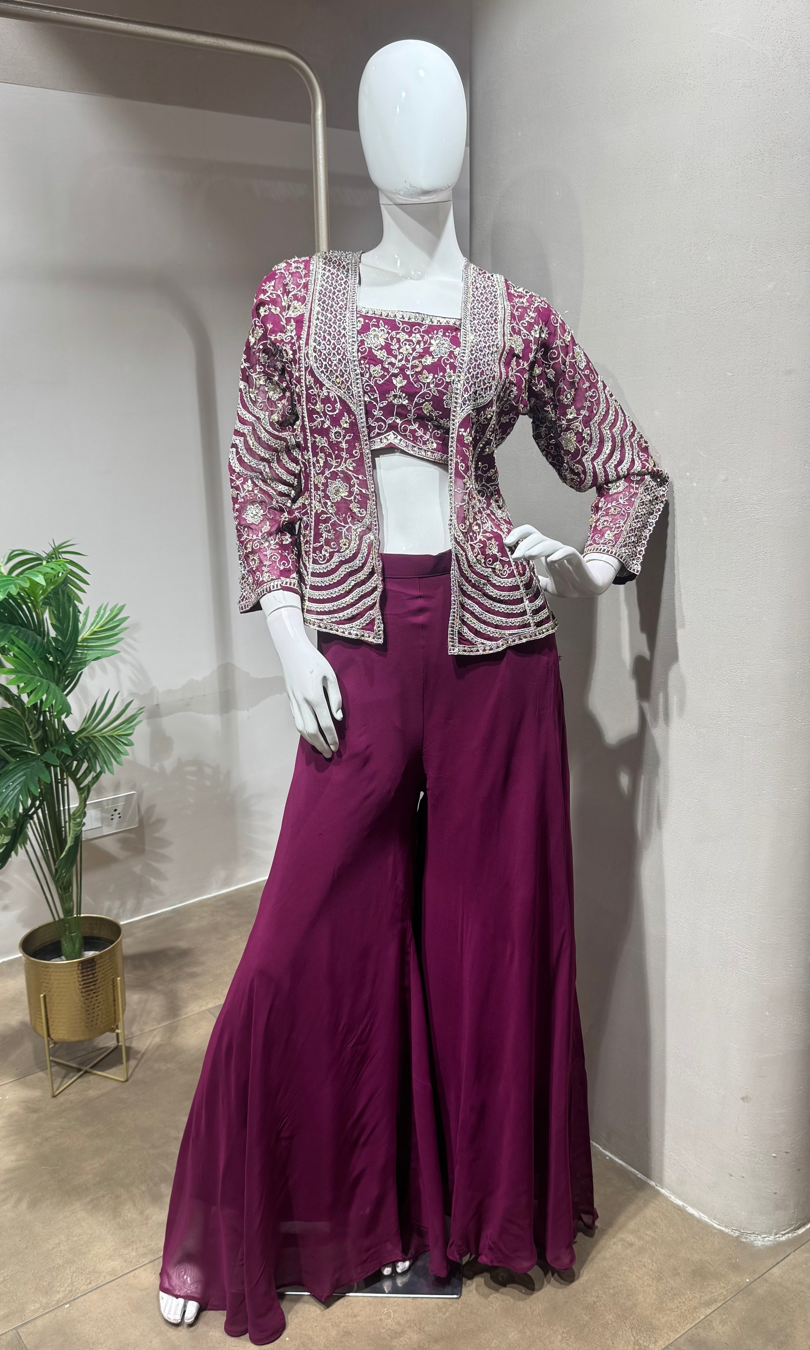 Wine Embroidered Jacket Palazzo Set