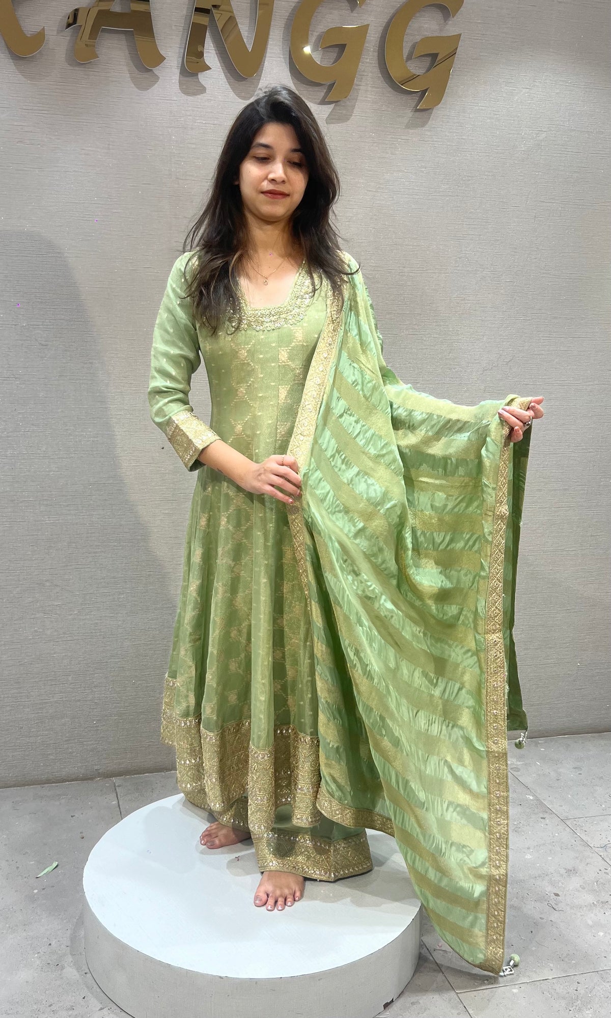 Pista Green silk Anarkali Set Golden Embroidery with Dupatta