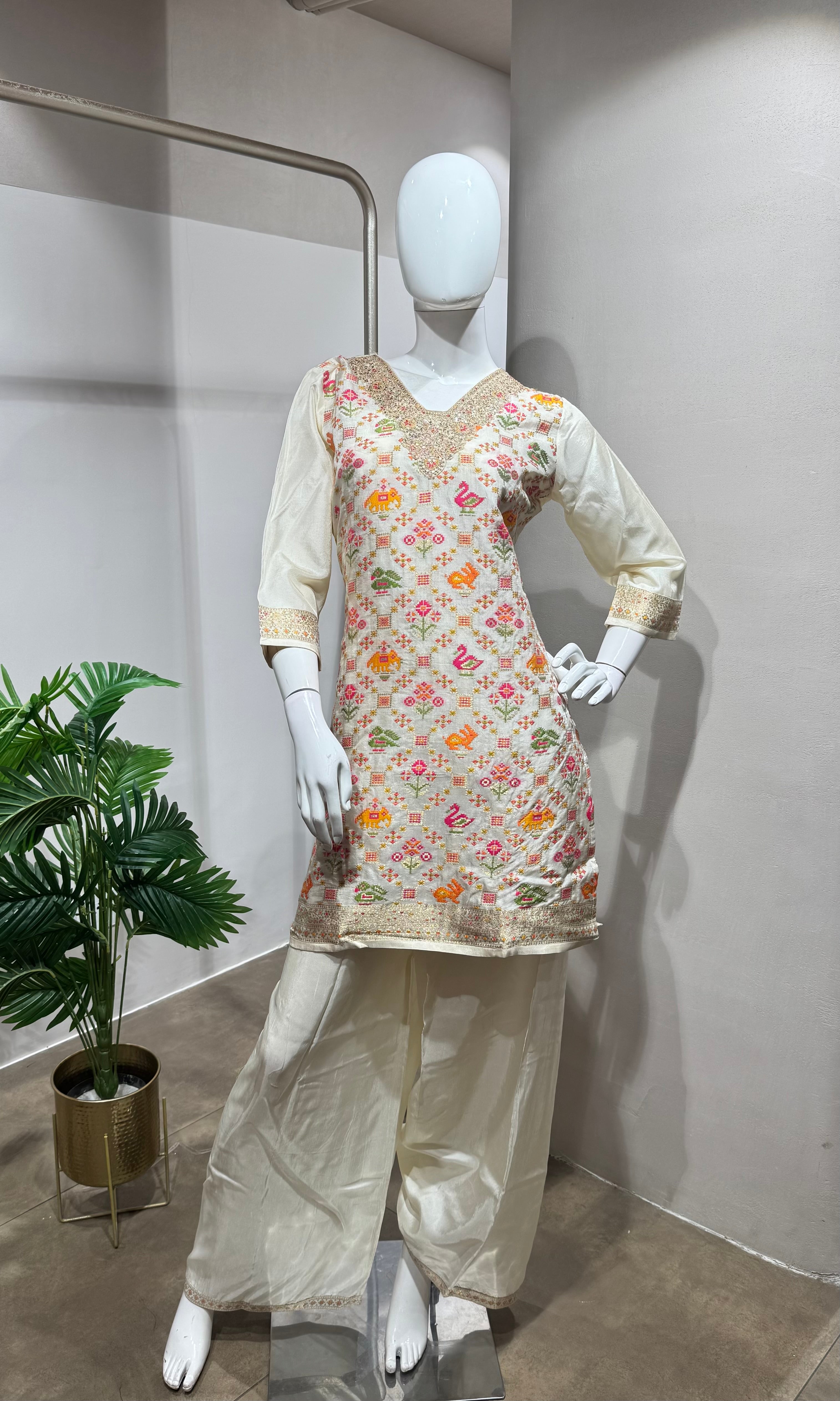 Cream Floral Embroidered Kurta set
