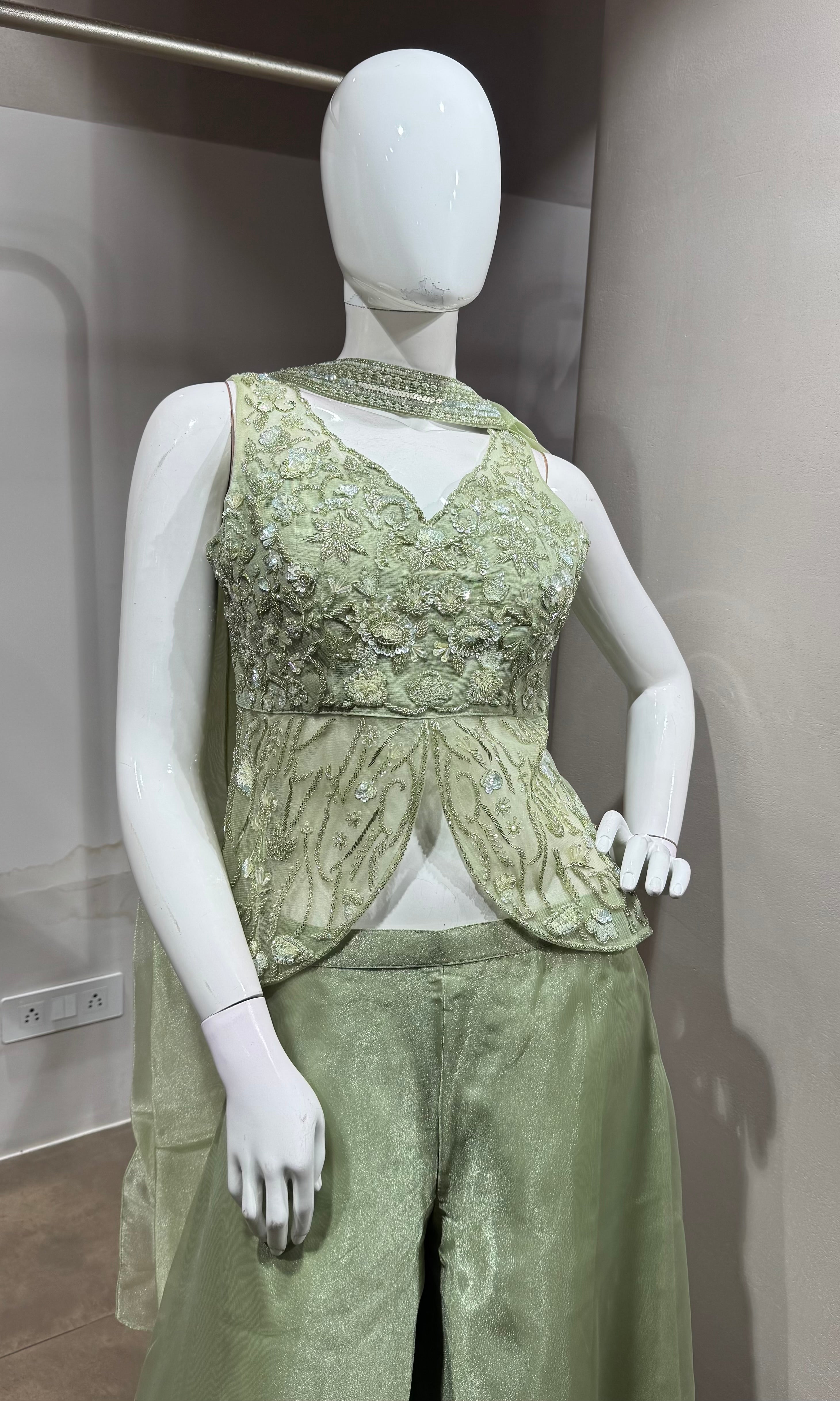 Pista Green Shimmer Organza Palazzo Suit