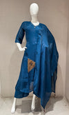 Navy Blue Chanderi Kurta Set with Draped Dupatta