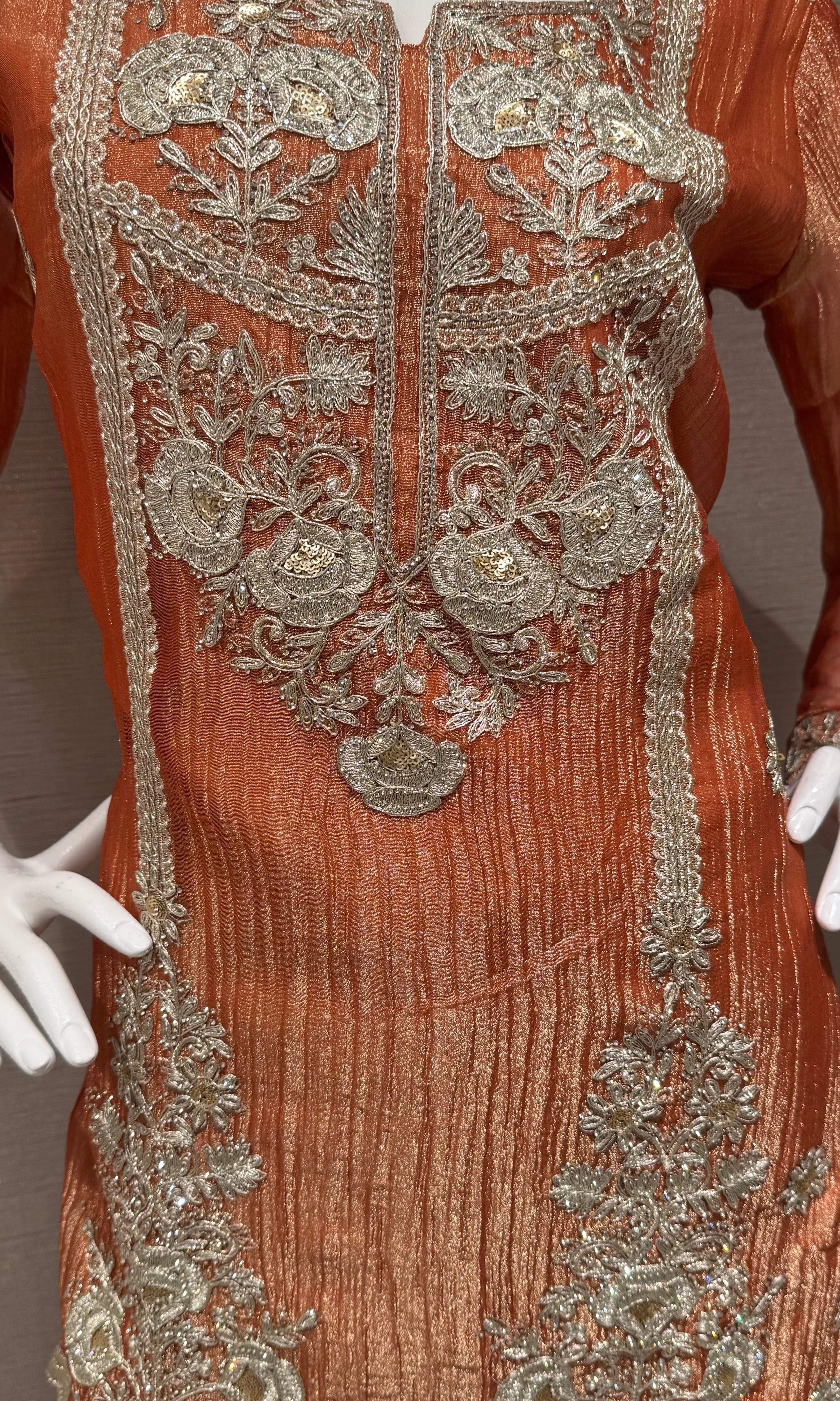 Rust Embroidered Sharara Set with Sheer Dupatta