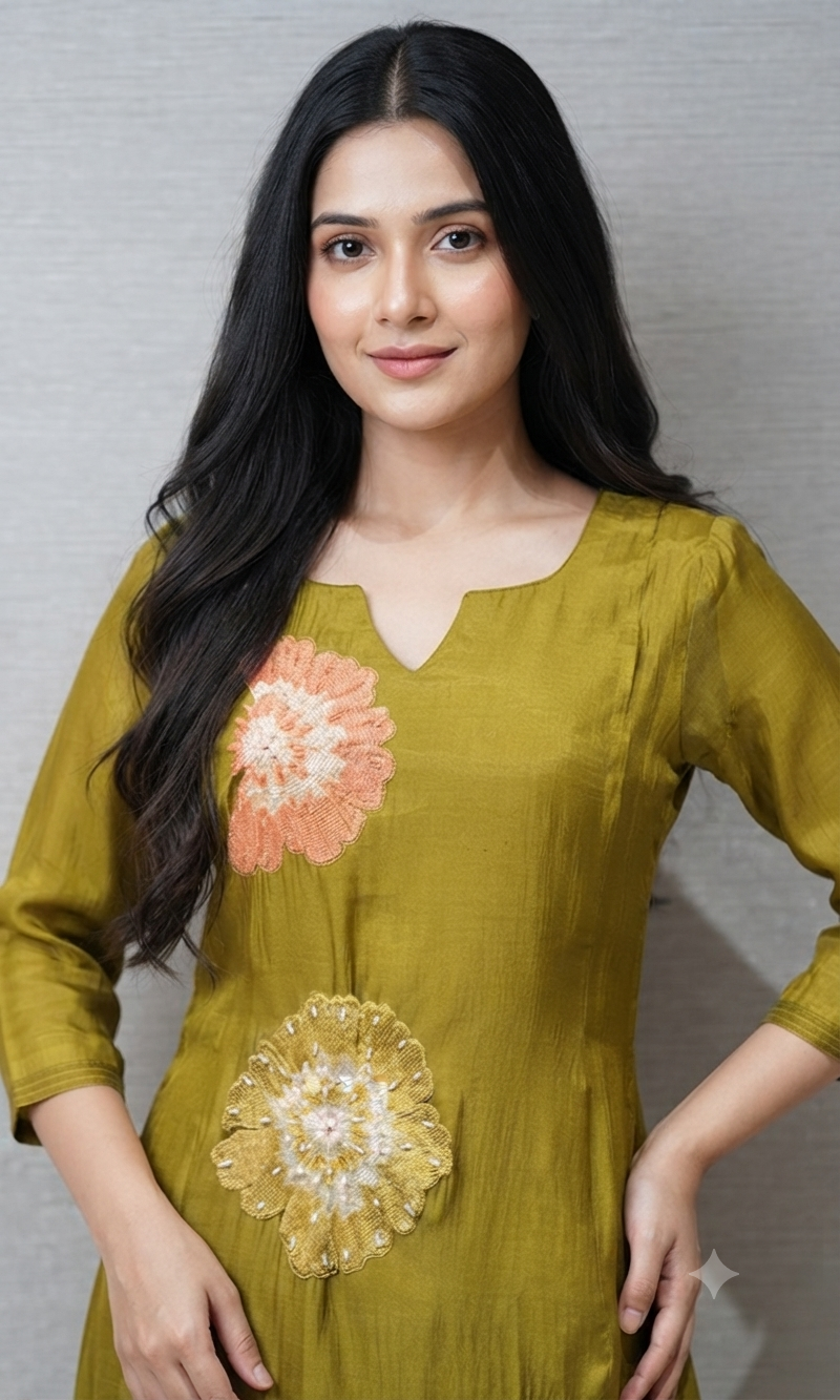 Mehendi Green cotton silk Floral Motif Kurta set with dupatta