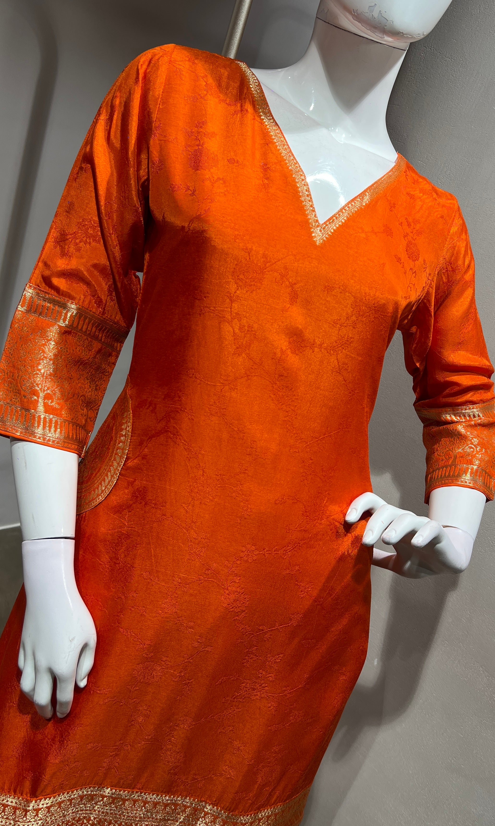 Orange Silk Straight Kurta Set with Gold Border