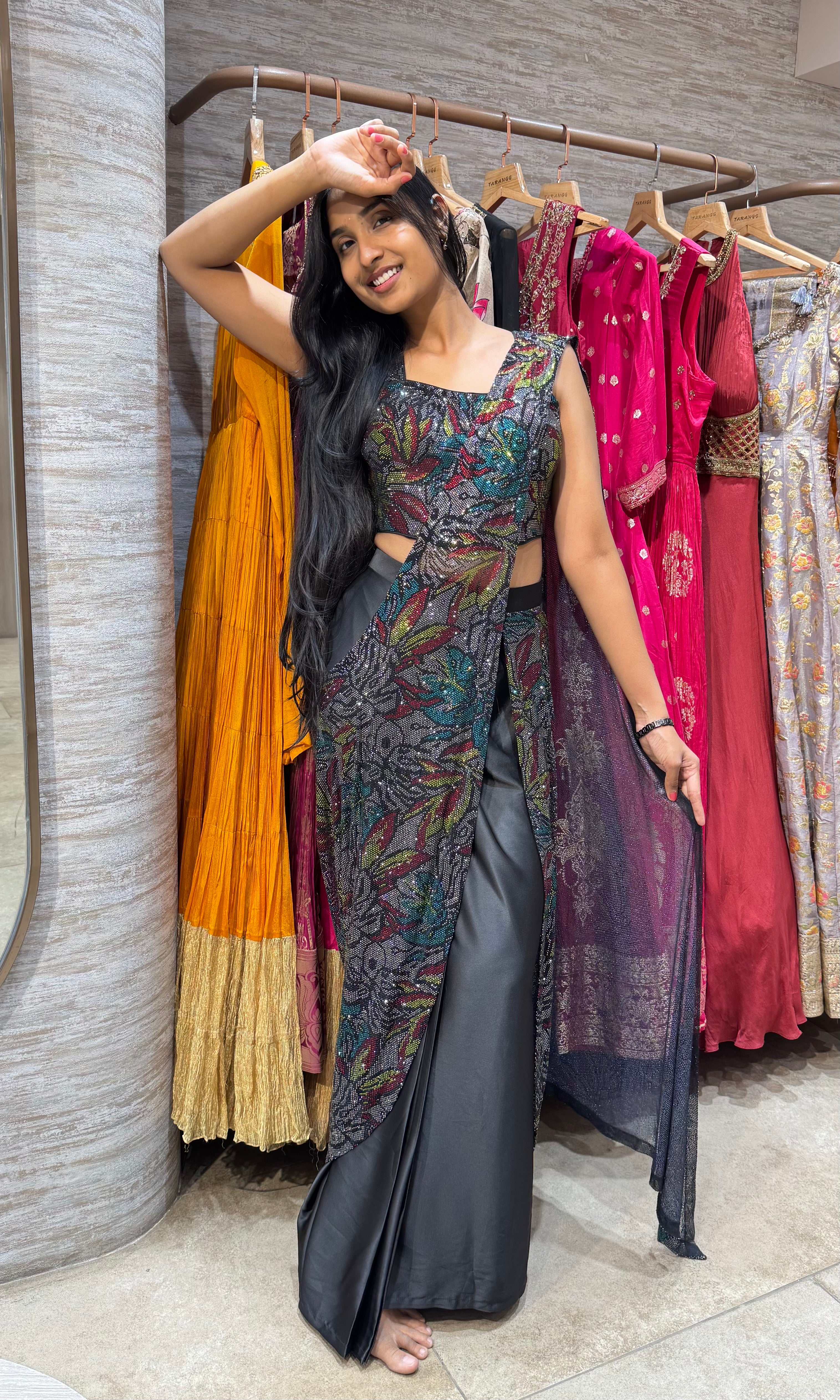 BLACK DRAPE SAREE WITH CORSET BLOUSE