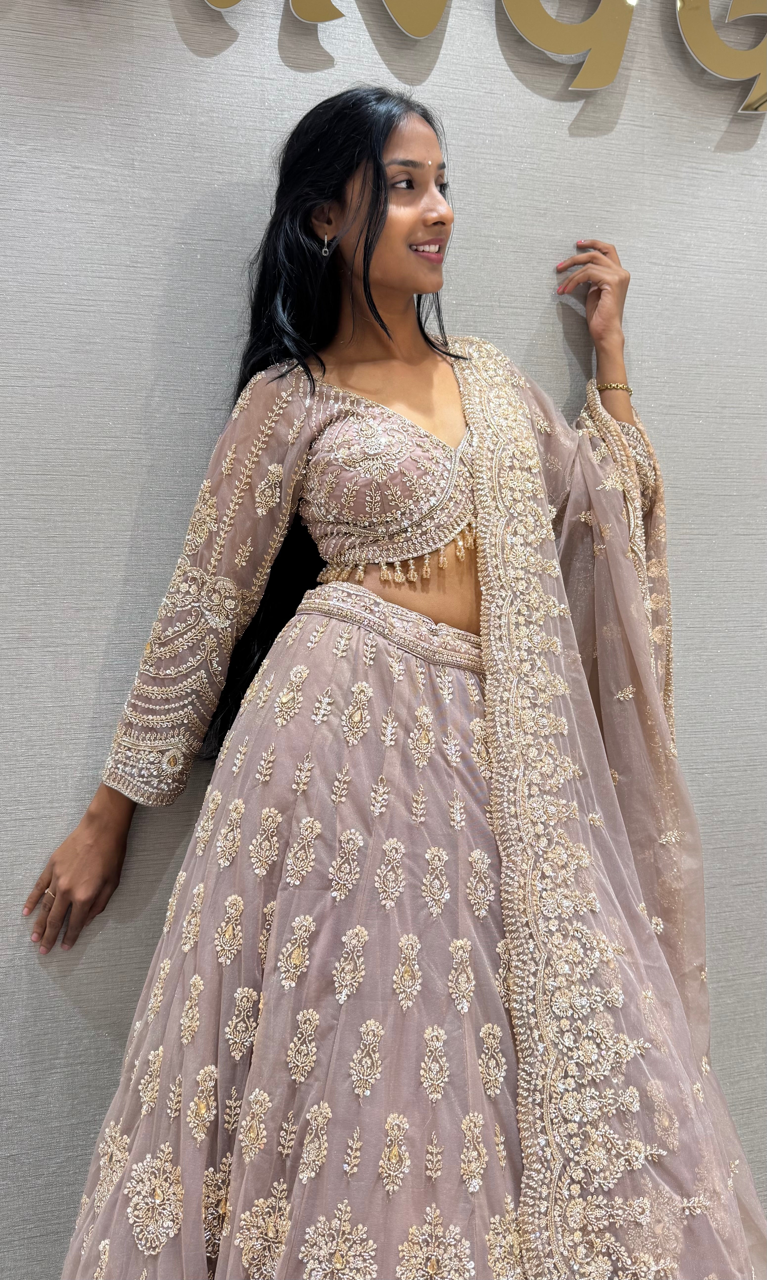 Mauve Embroidered Net Bridal Lehenga Set