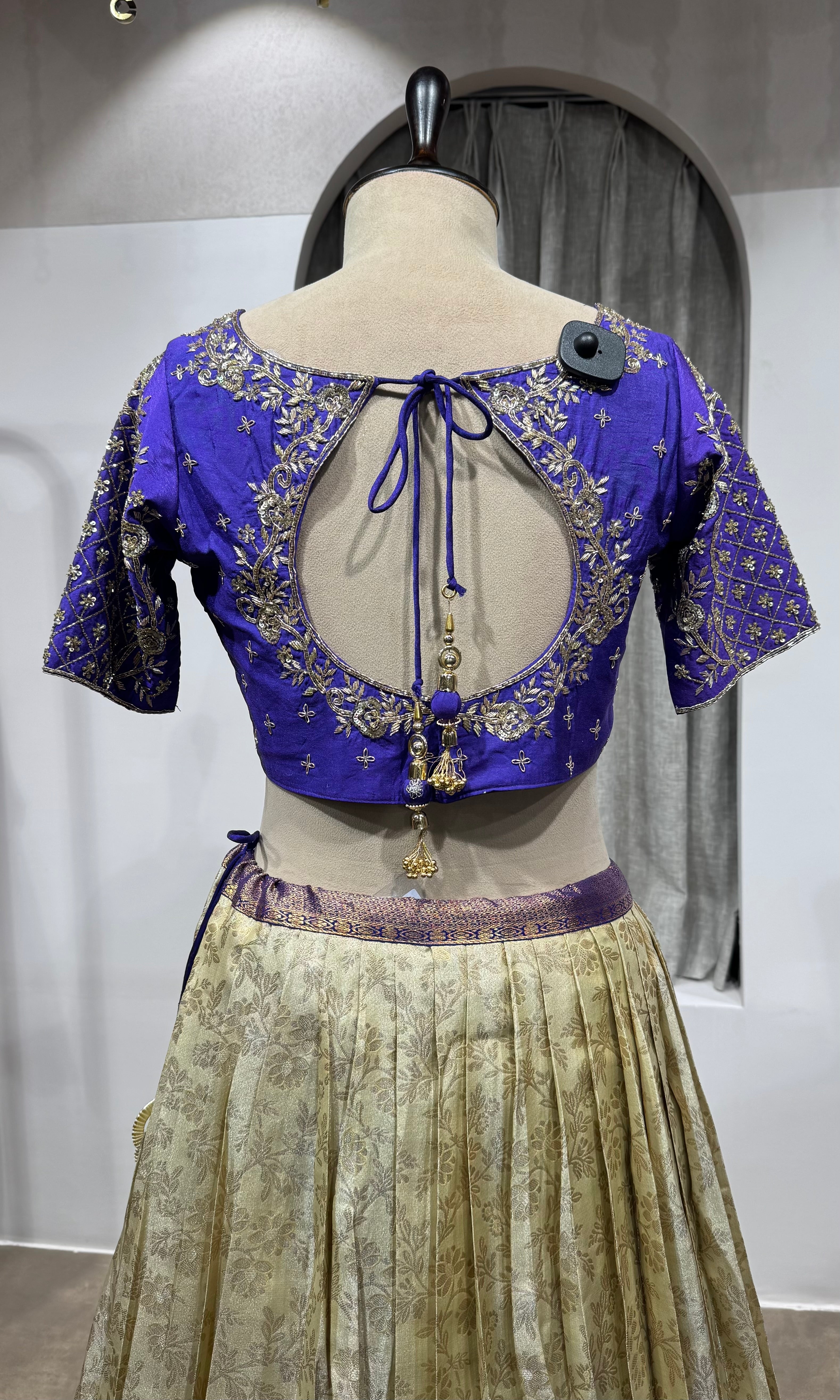 purple and cream kanjivaram Pattu lehenga
