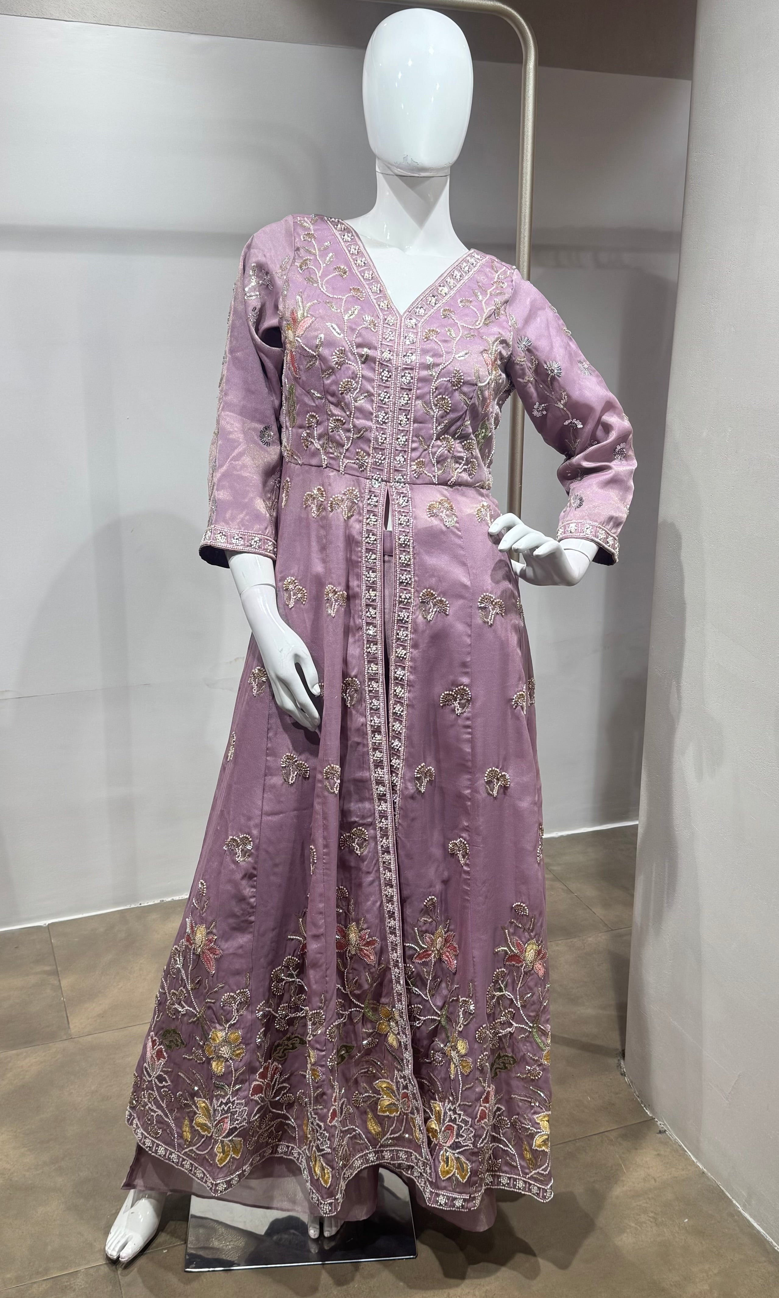 Lavender floral front slit Anarkali set