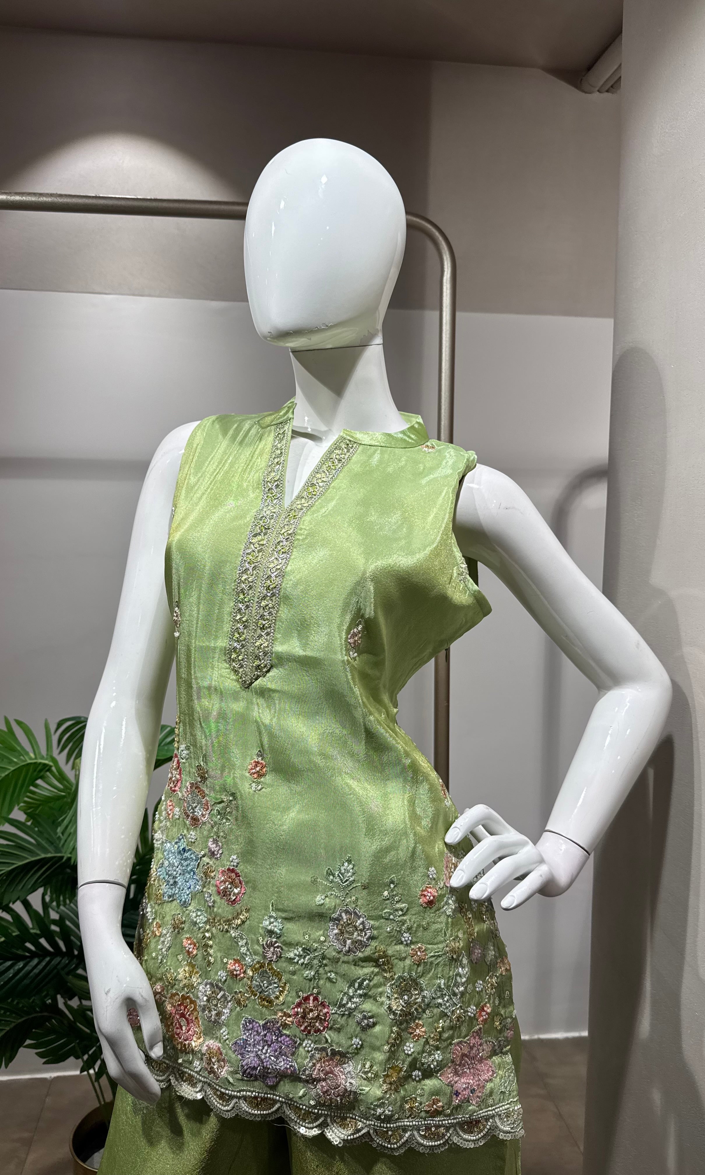 pista green floral embroidered sharara set