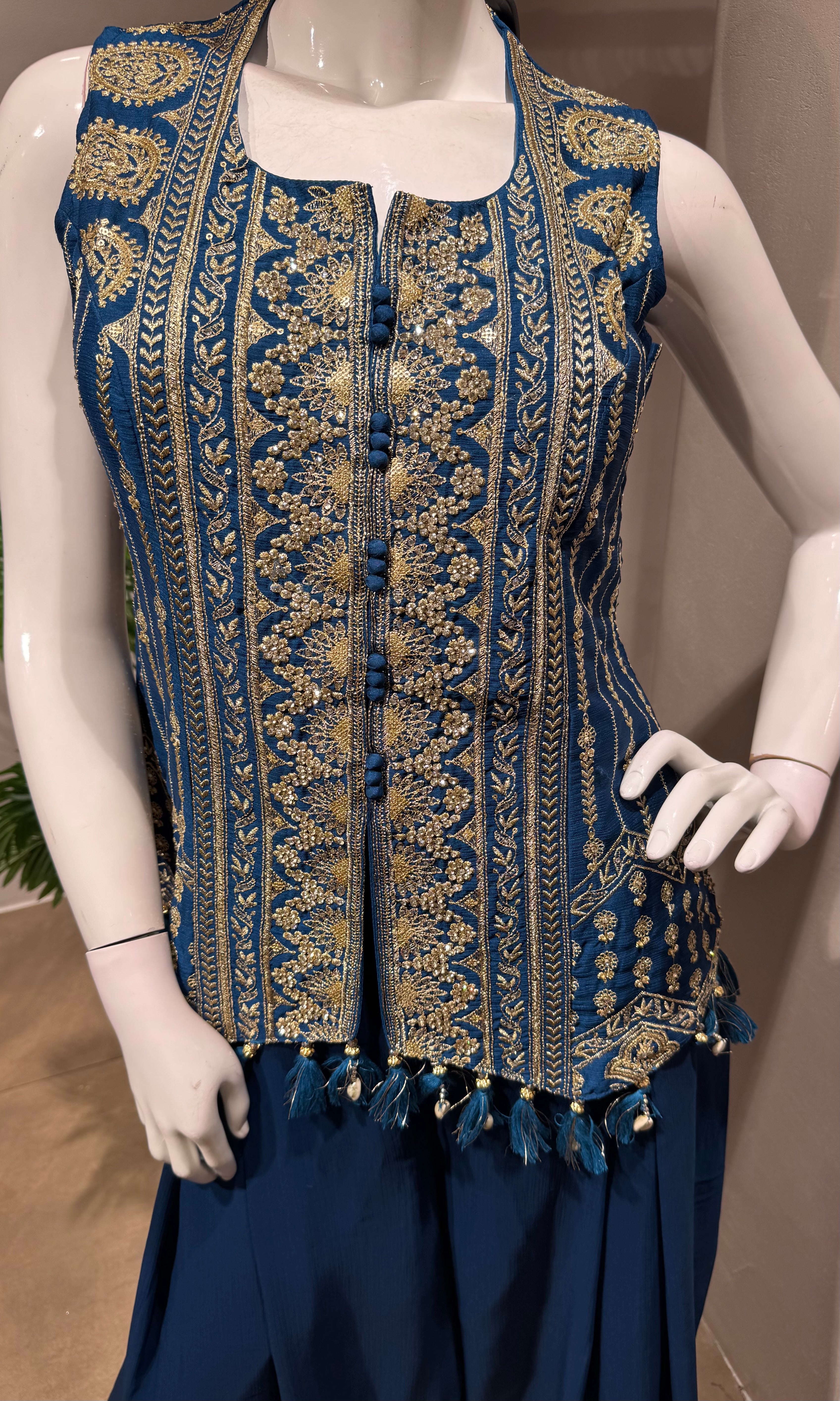 BLUE golden embroidery peplum palazzo set