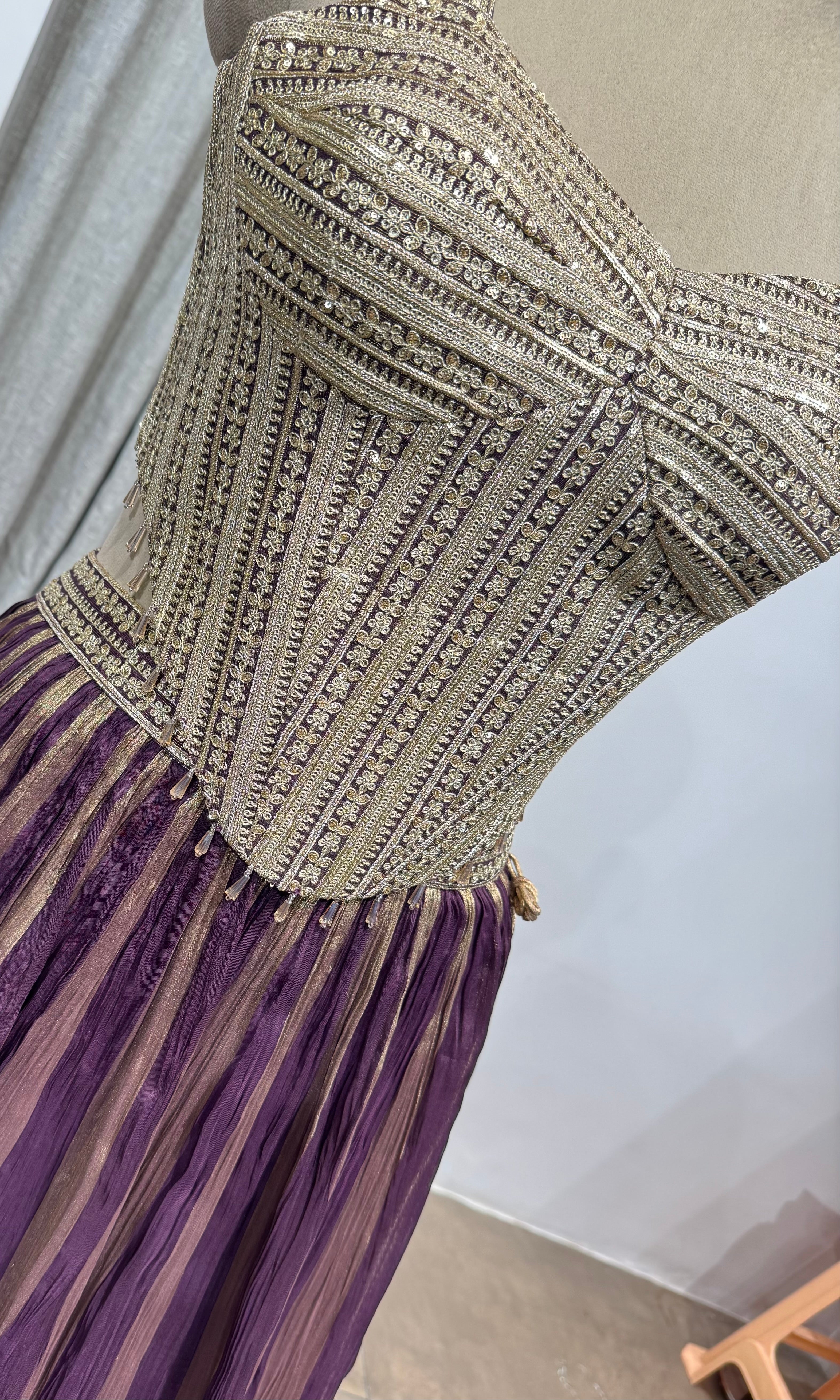 wine and gold striped corset lehenga