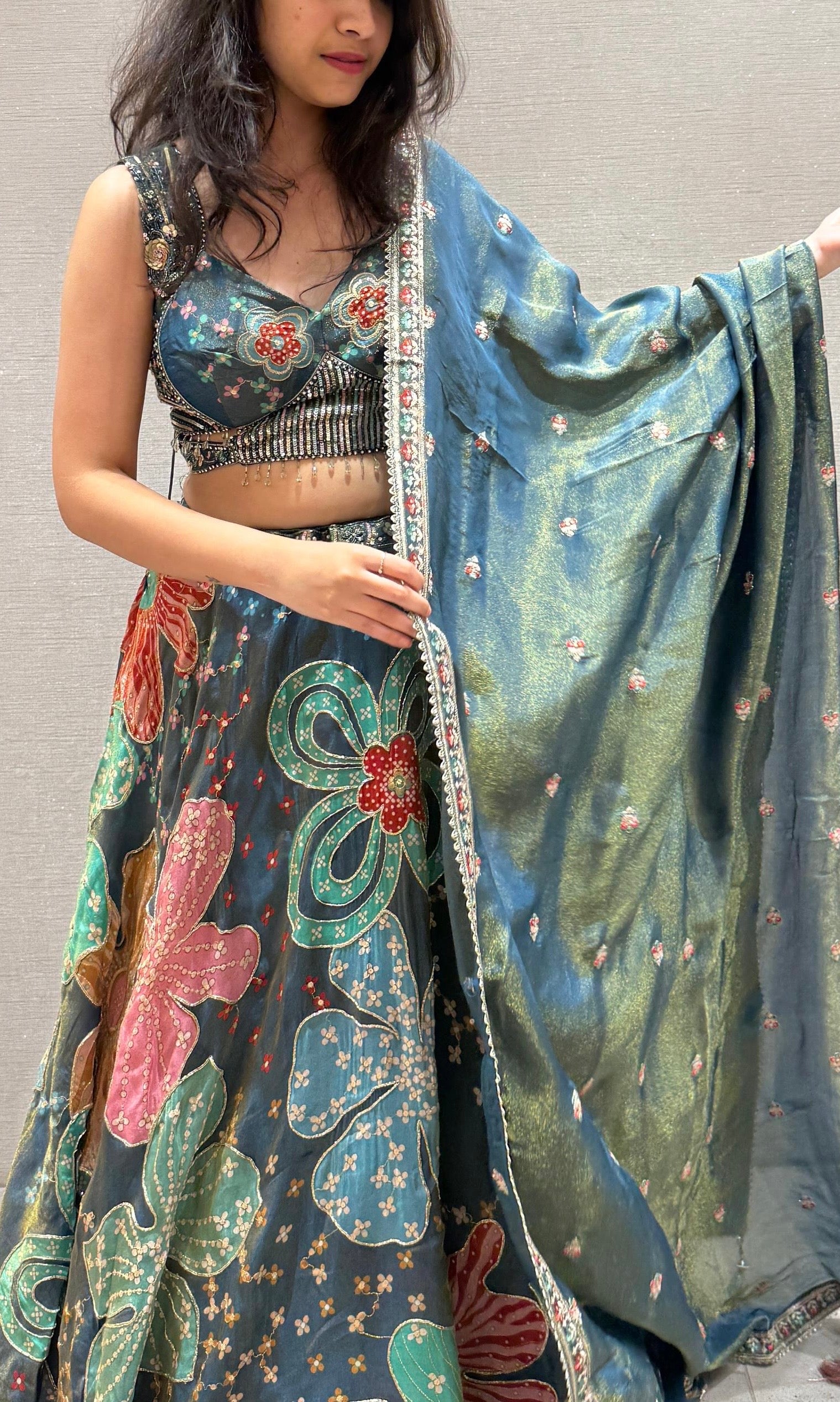 Teal Base Lehenga With Multicolour Floral Print