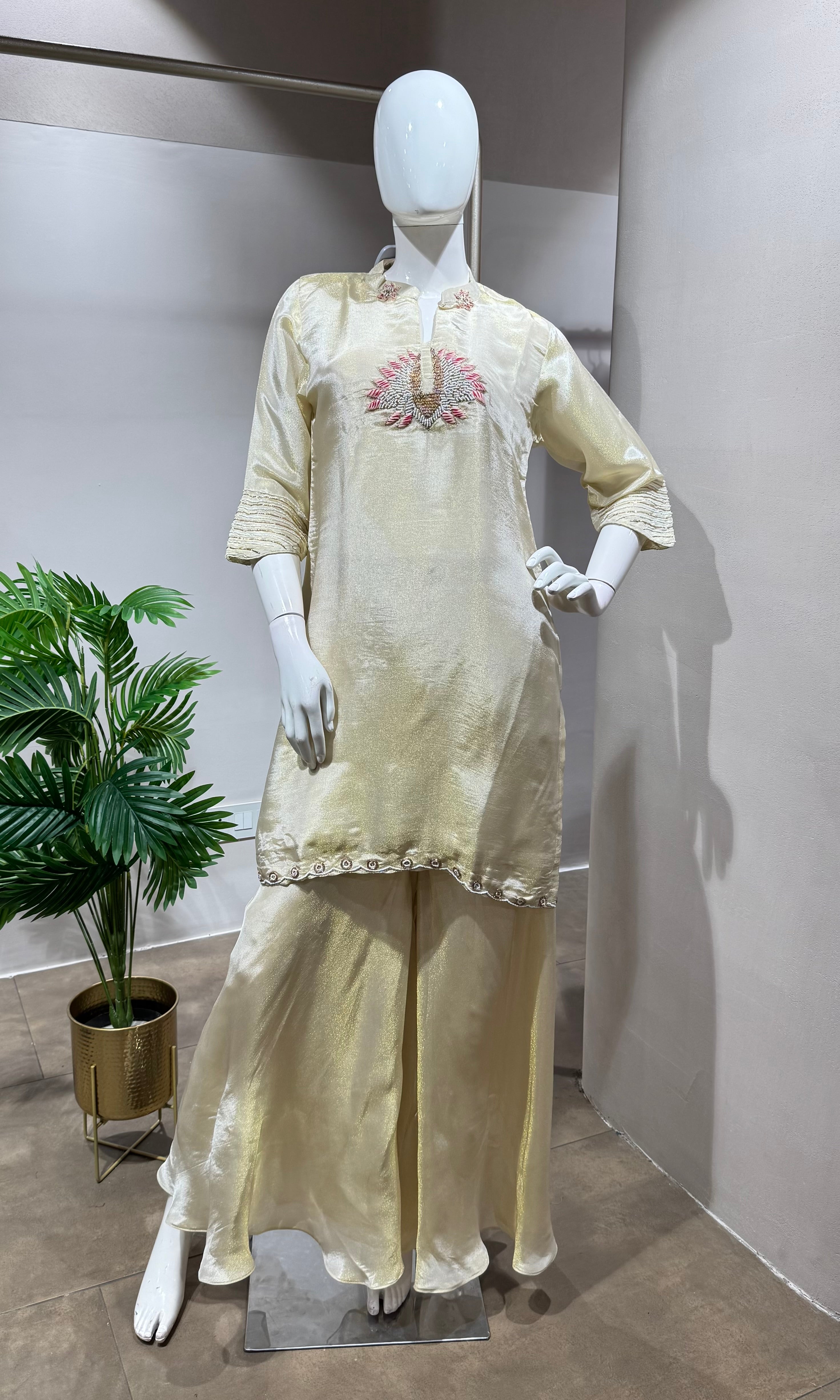 Gold white KURTA SET WITH PALAZZO PANTS