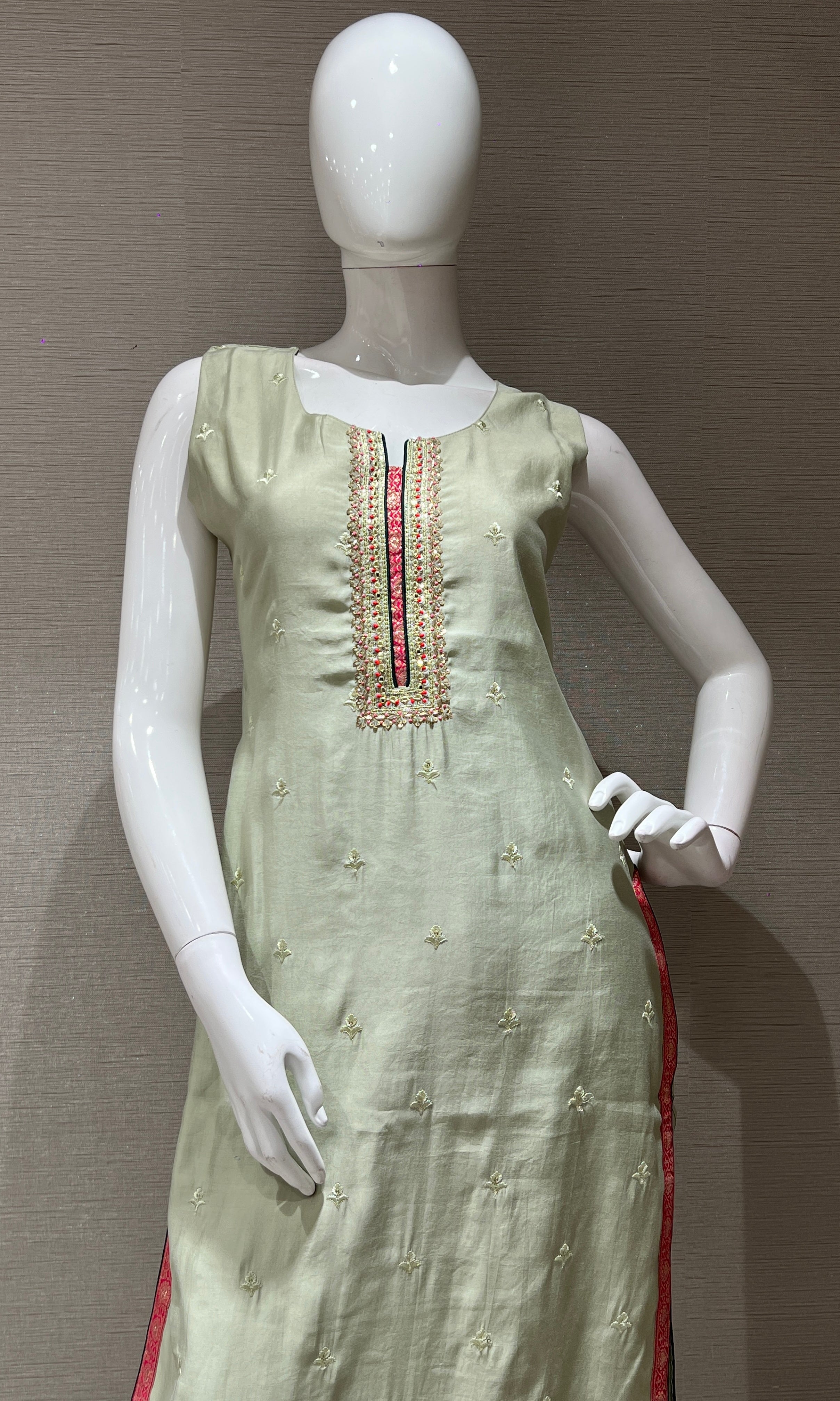 Pista Green Embroidered Kurta Set with Contrast Pink Dupatta