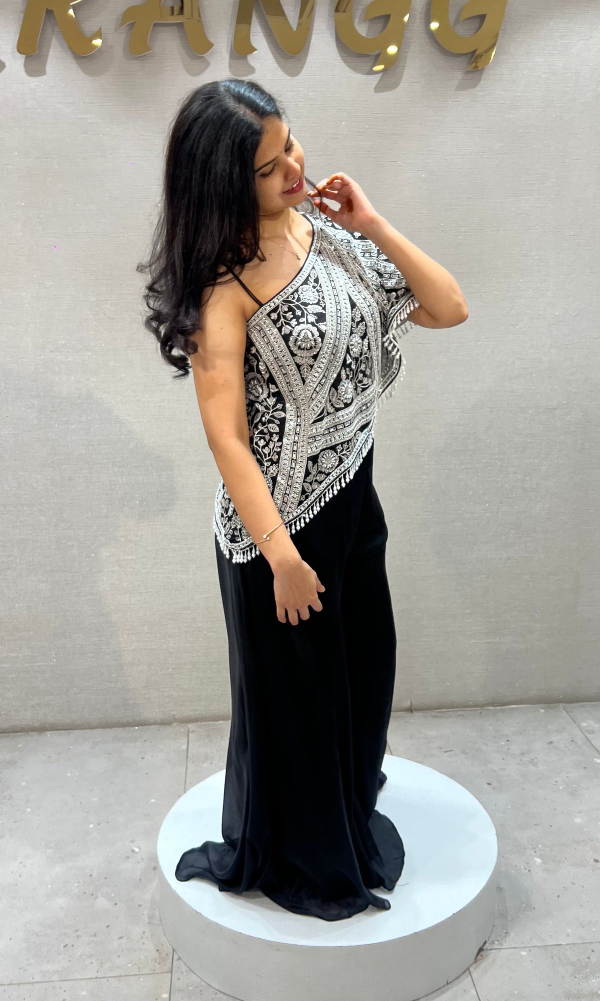 Black georgette One Shoulder Cape Top with Palazzo set