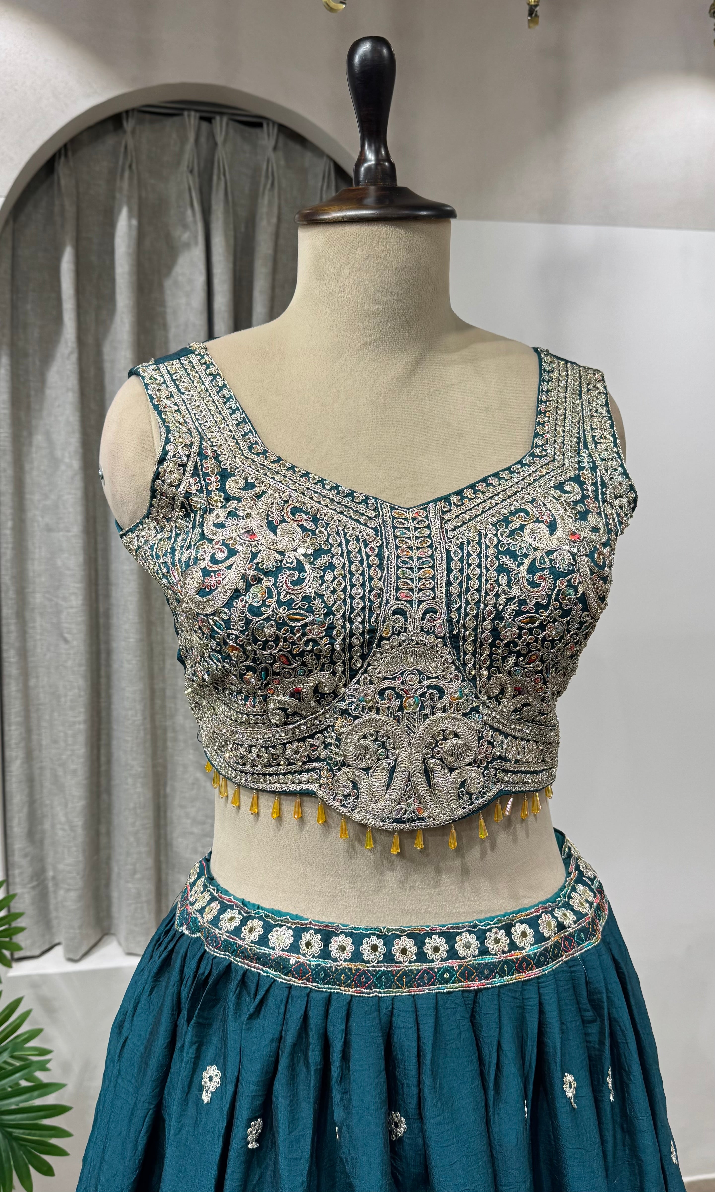 Peacock Blue Silk Embroidered Lehenga Choli Set