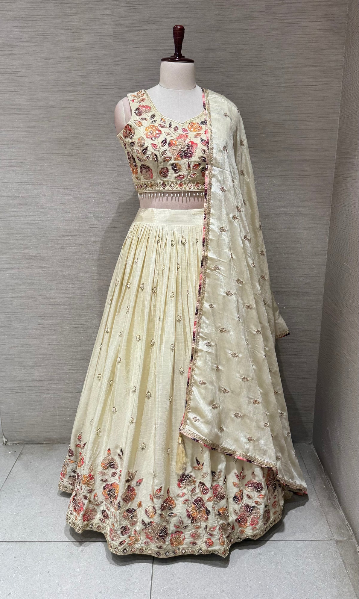 Cream Tissue silk Multi Floral Crop Top Lehenga set