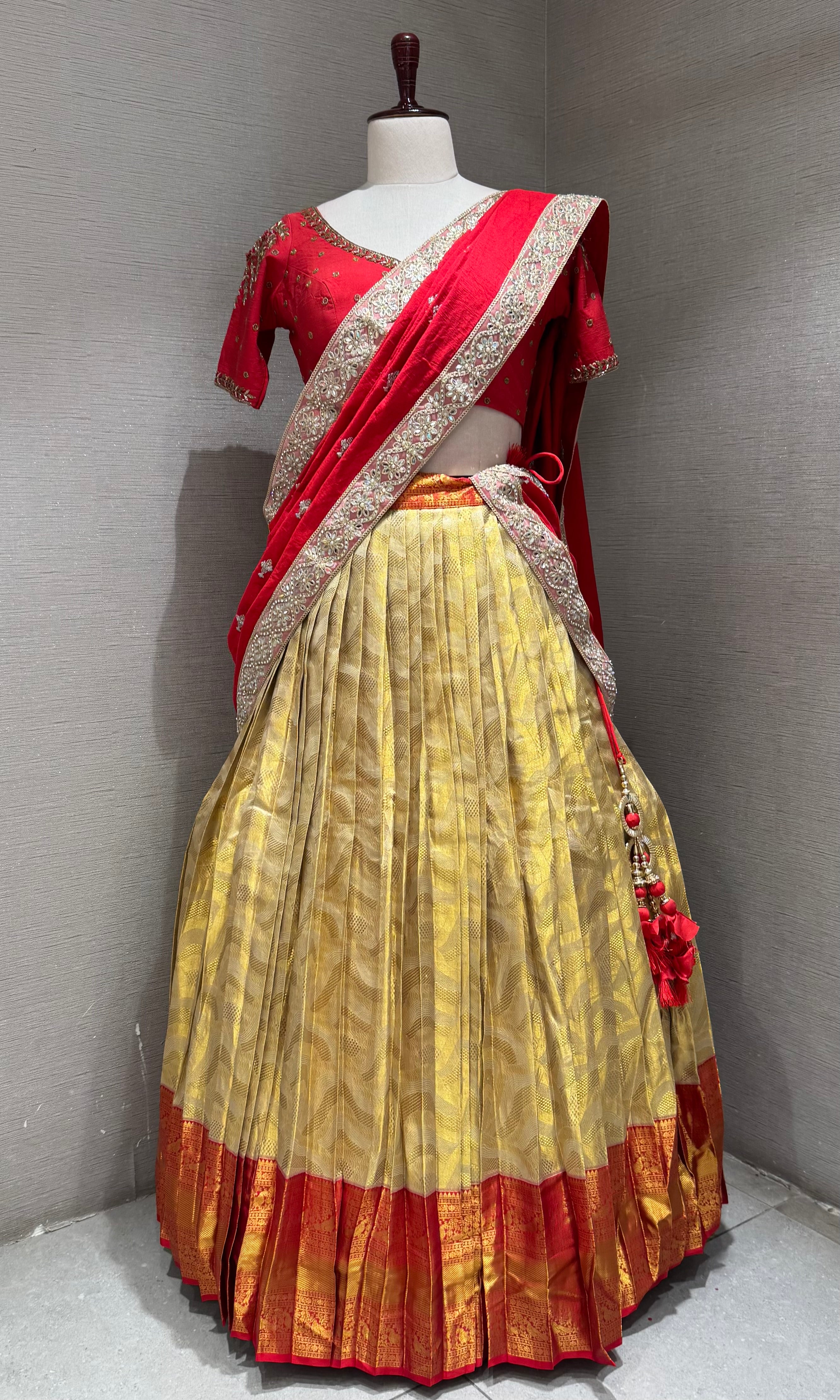 Red and gold banarasi pattu lehenga set