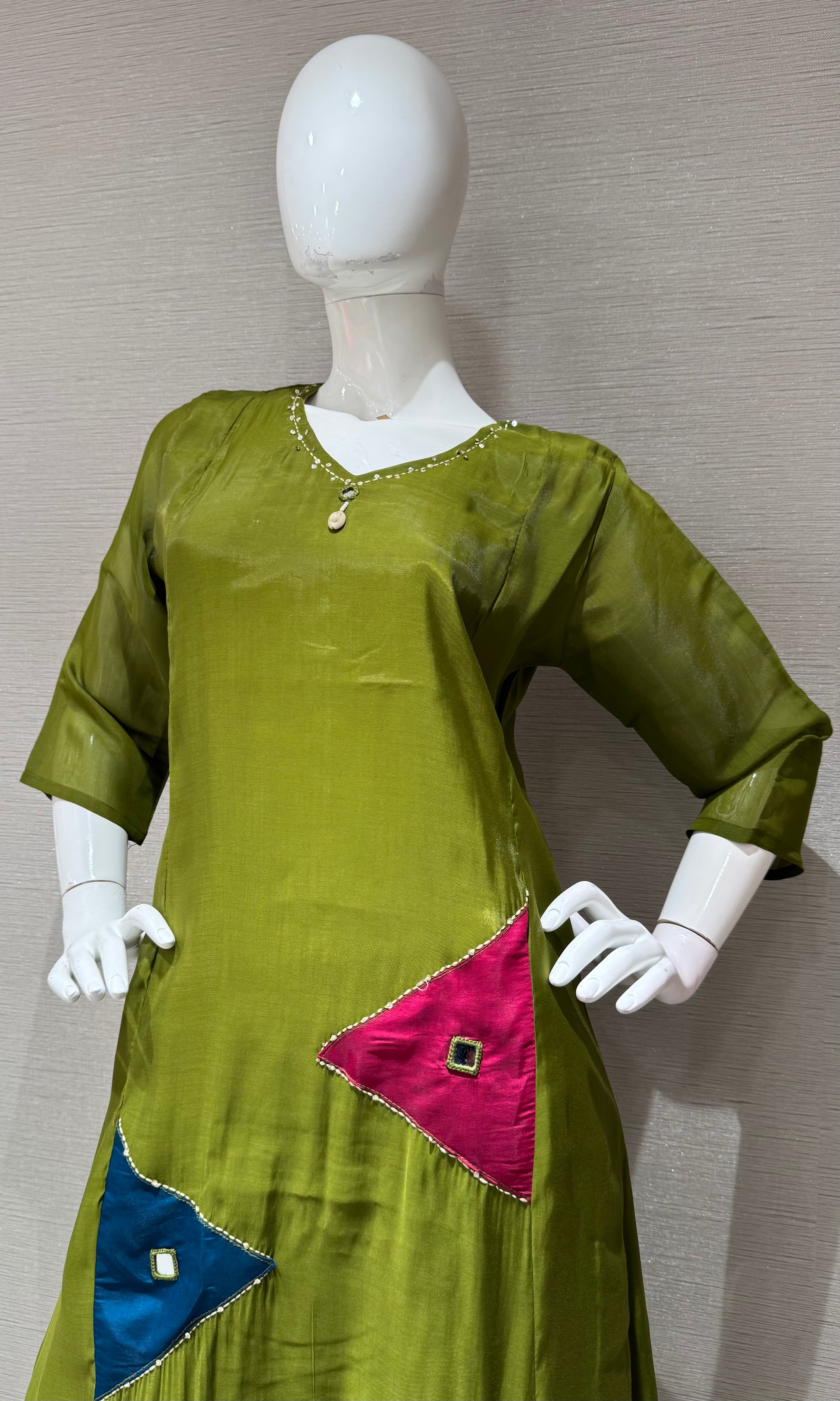 Olive Green Embroidered Kurta Set with Sheer Overlay