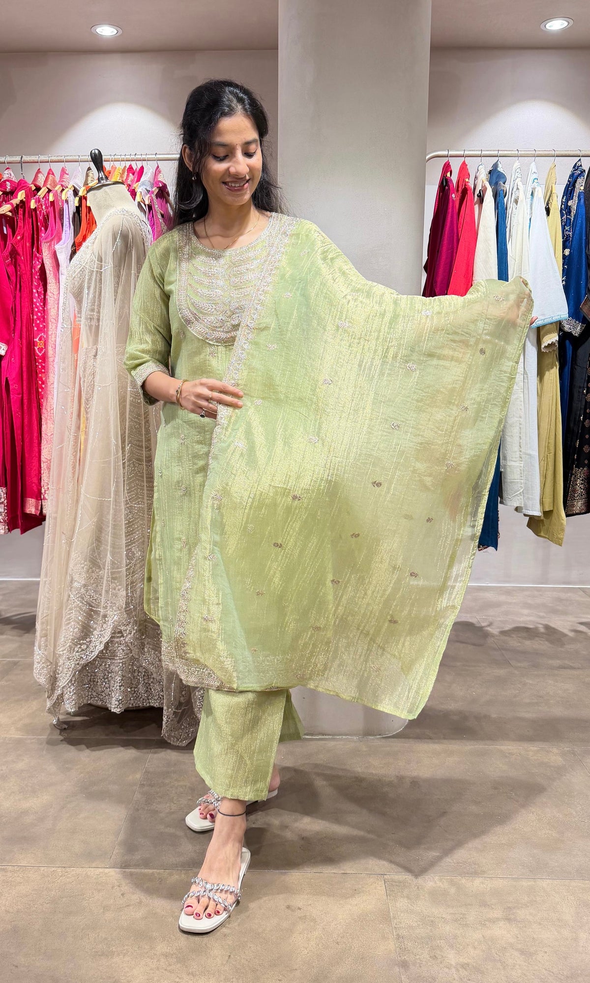 Green Shimmer tissue kurta set with Gold Embroidery